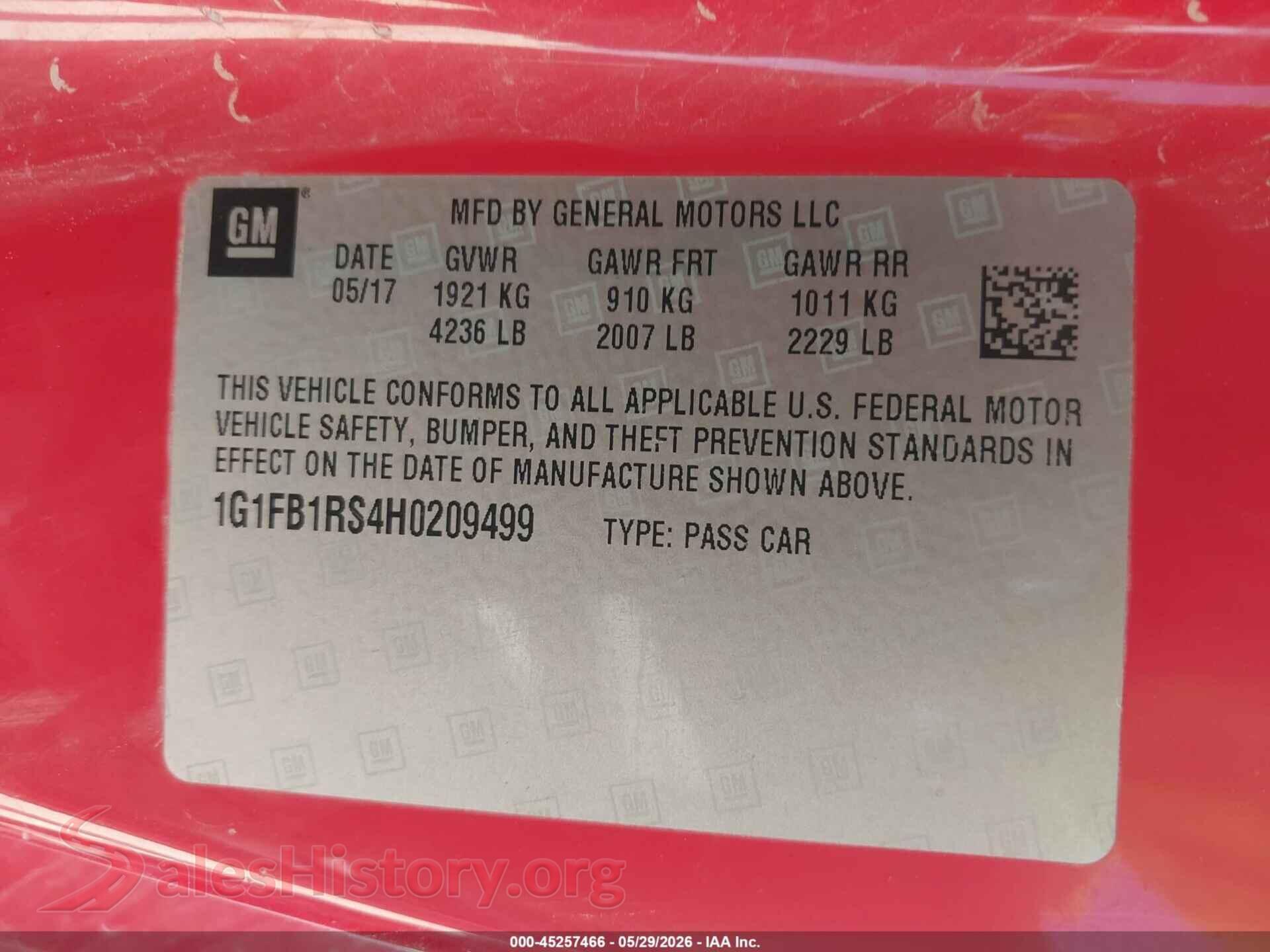 2017 CHEVROLET CAMARO VIN 1G1FB1RS4H0209499, engine bay
