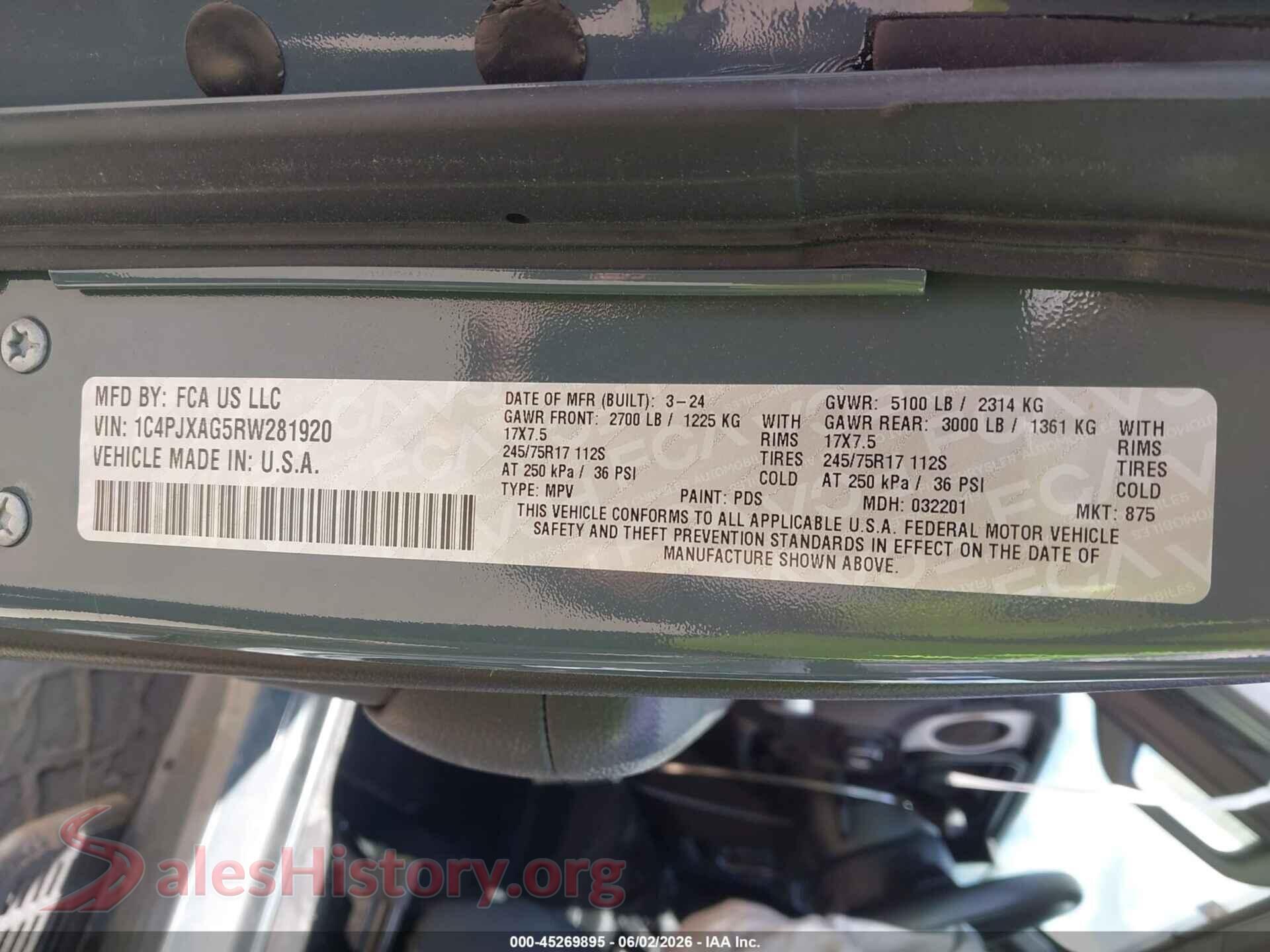 2024 JEEP WRANGLER VIN 1C4PJXAG5RW281920, engine bay
