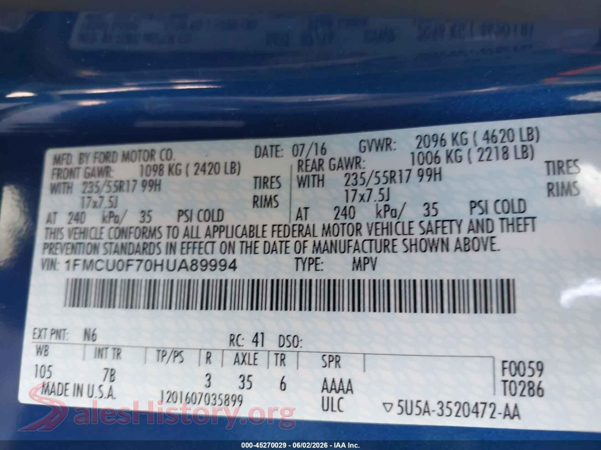 2017 FORD ESCAPE VIN 1FMCU0F70HUA89994, engine bay
