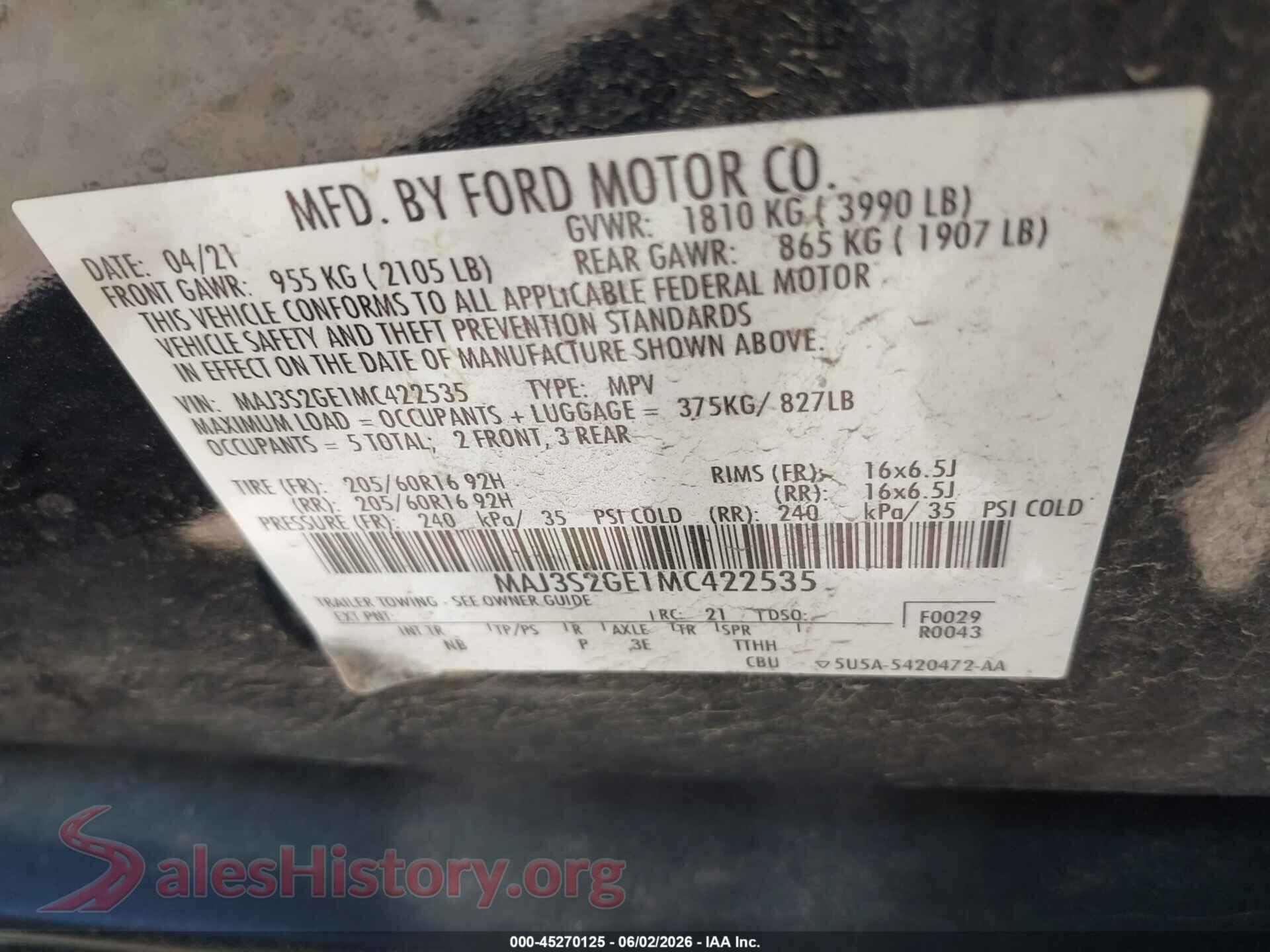 2021 FORD ECOSPORT VIN MAJ3S2GE1MC422535, engine bay