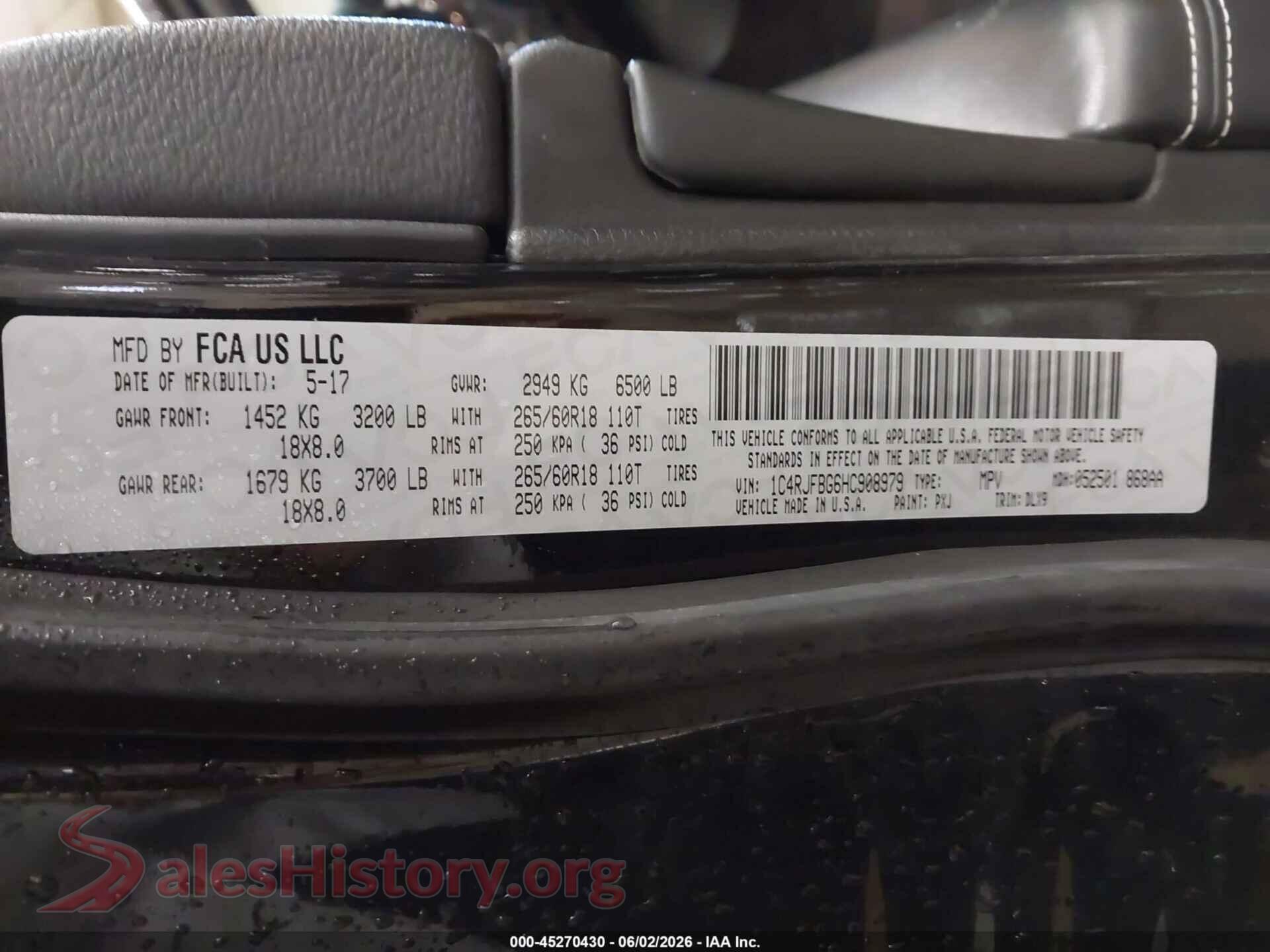 2017 JEEP GRAND CHEROKEE VIN 1C4RJFBG6HC908979, engine bay