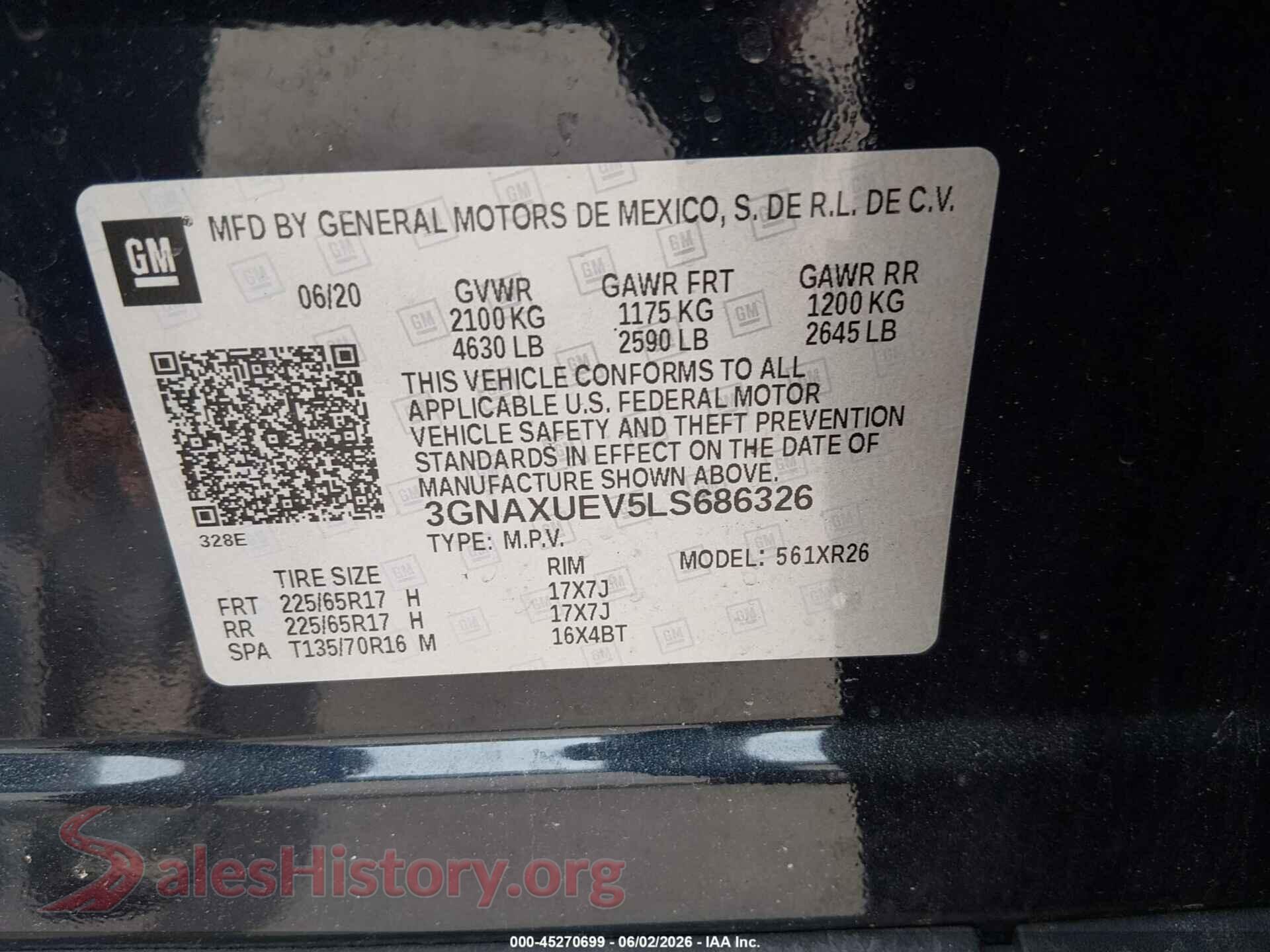 2020 CHEVROLET EQUINOX VIN 3GNAXUEV5LS686326, engine bay