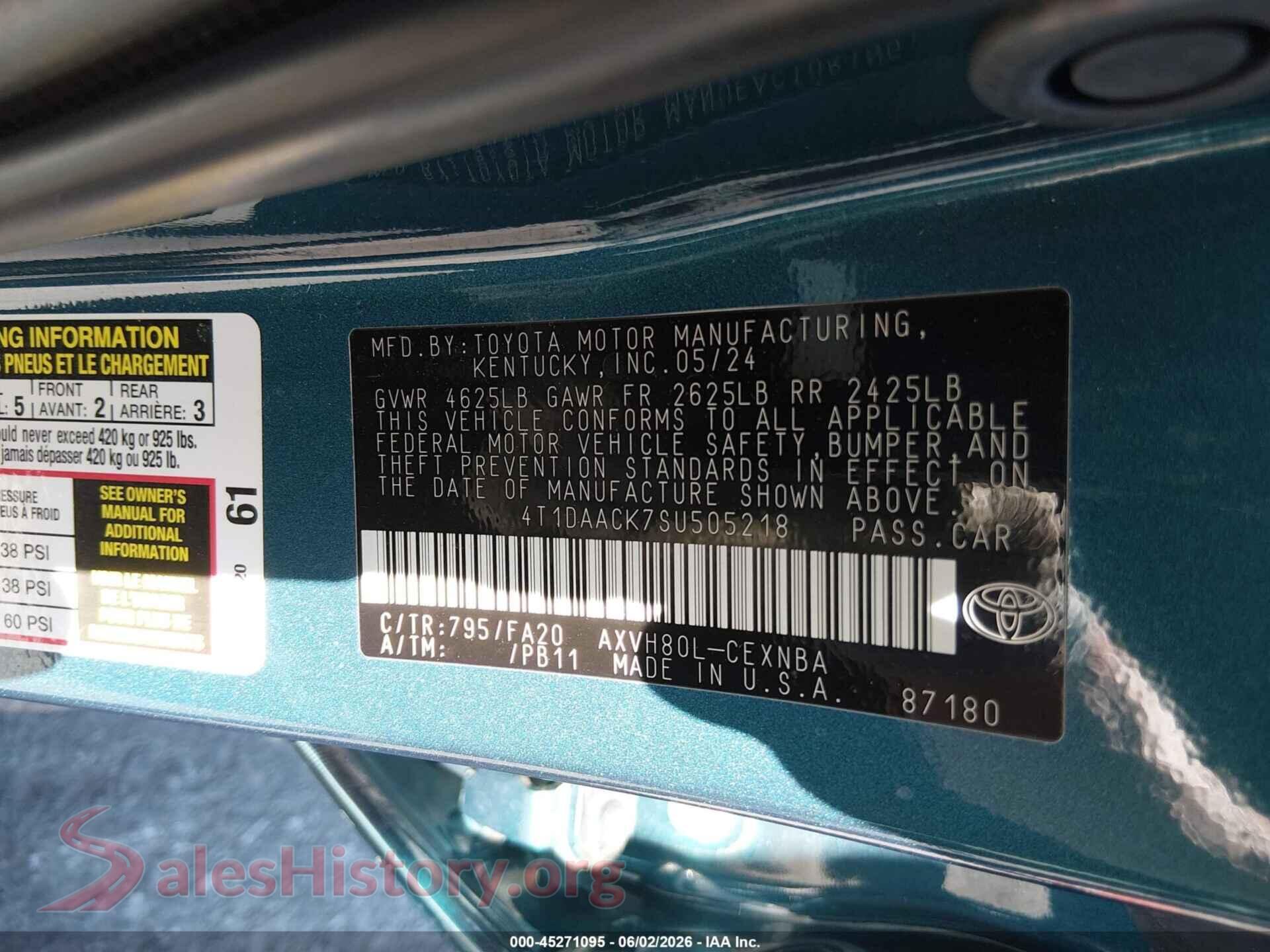 2025 TOYOTA CAMRY VIN 4T1DAACK7SU505218, engine bay