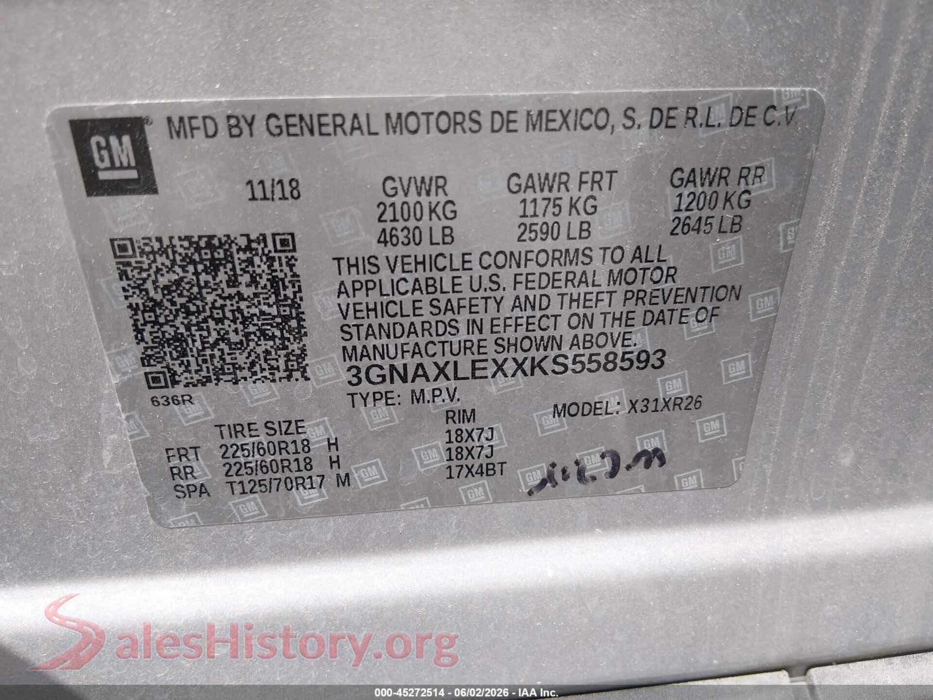 2019 CHEVROLET EQUINOX VIN 3GNAXLEXXKS558593, engine bay