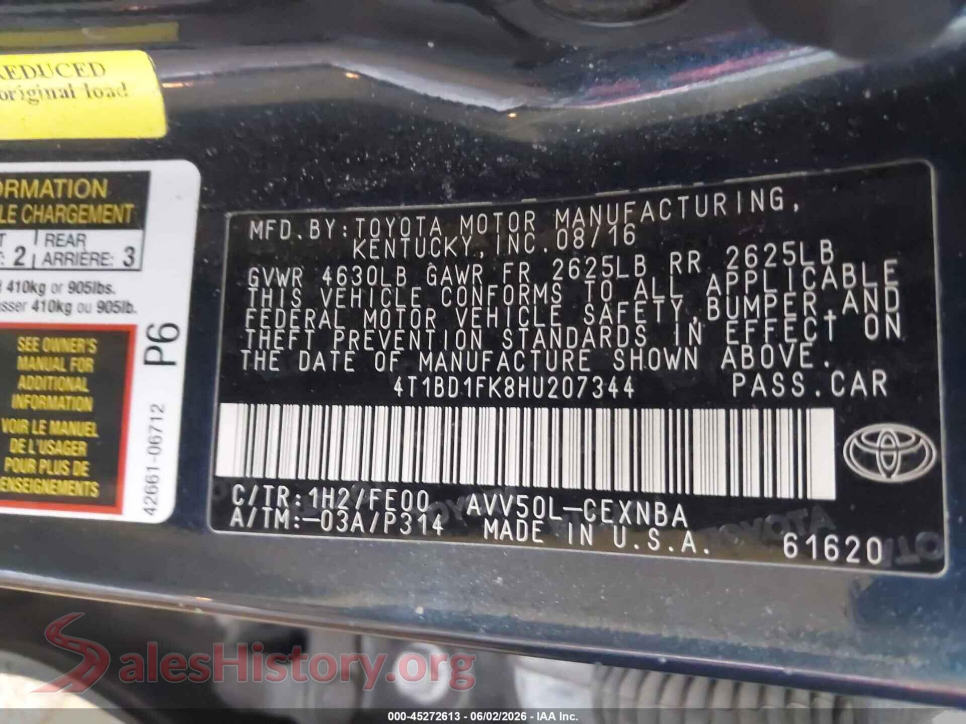 2017 TOYOTA CAMRY HYBRID VIN 4T1BD1FK8HU207344, engine bay