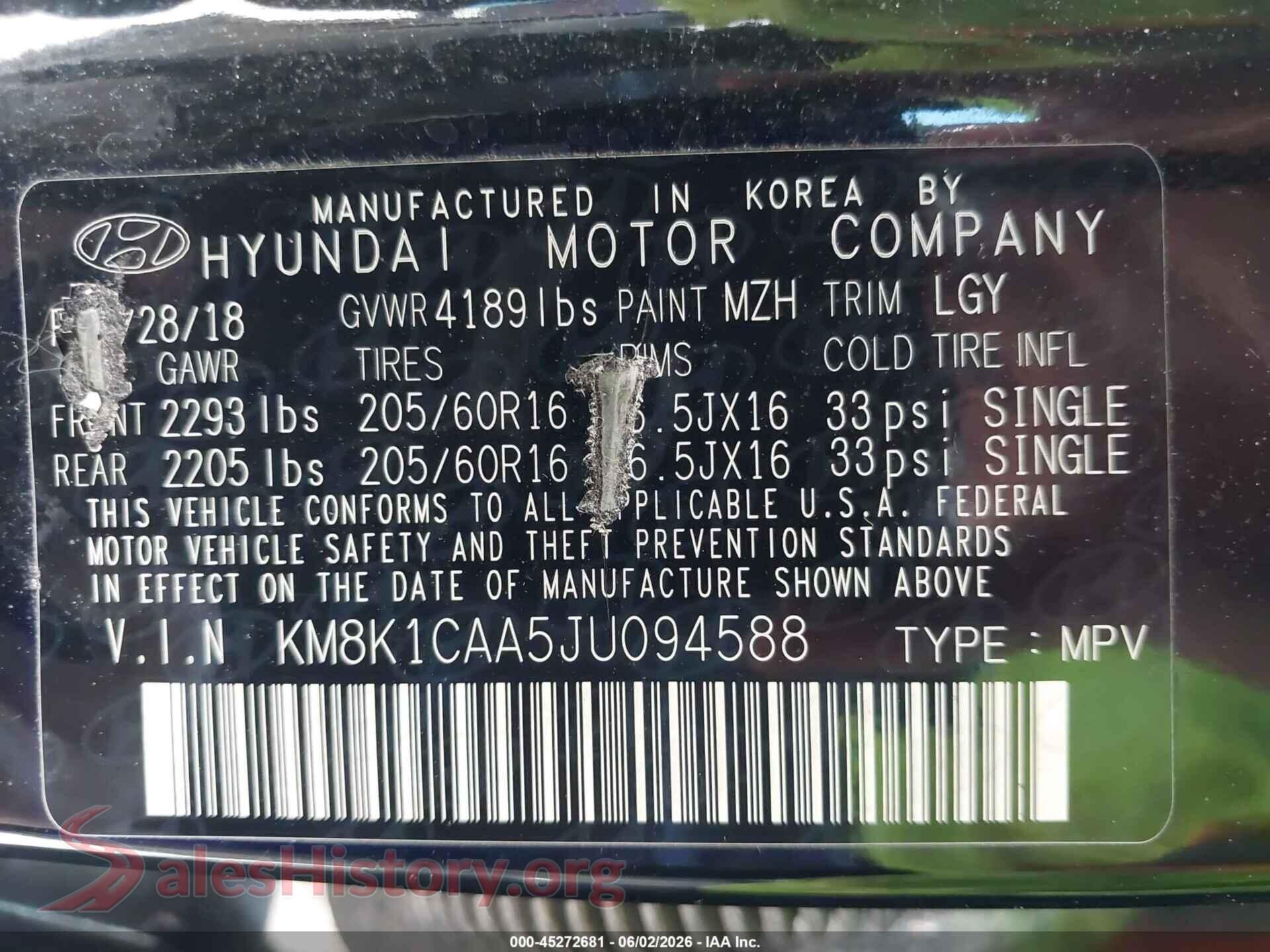2018 HYUNDAI KONA VIN KM8K1CAA5JU094588, engine bay