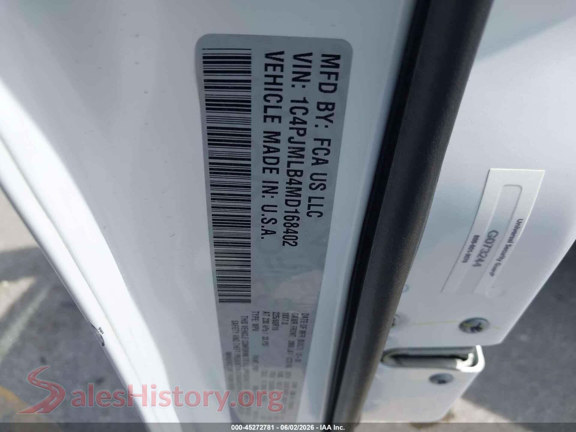 2021 JEEP CHEROKEE VIN 1C4PJMLB4MD168402, engine bay