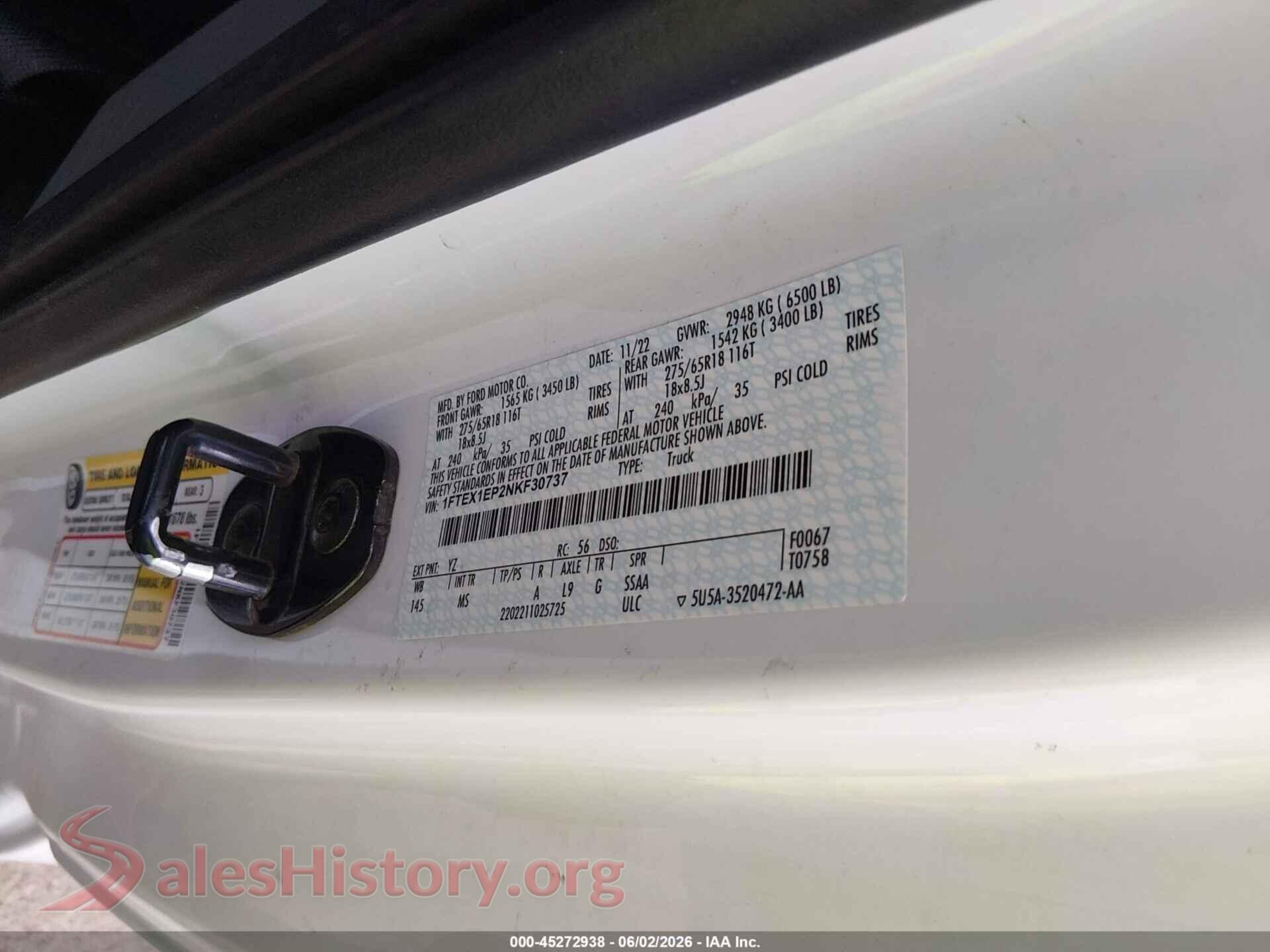 2022 FORD F-150 VIN 1FTEX1EP2NKF30737, engine bay