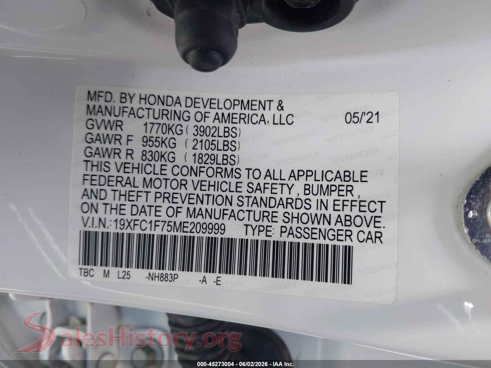 2021 HONDA CIVIC VIN 19XFC1F75ME209999, engine bay