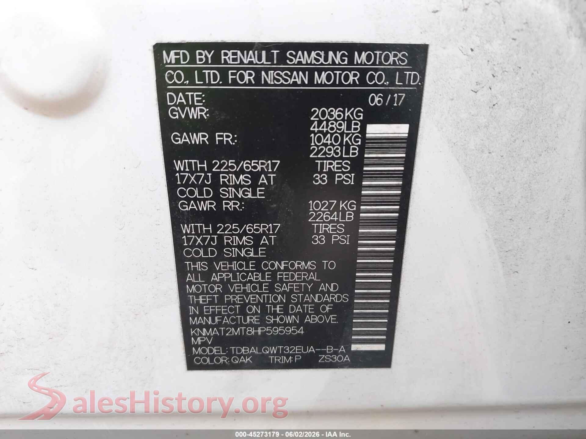 2017 NISSAN ROGUE VIN KNMAT2MT8HP595954, engine bay
