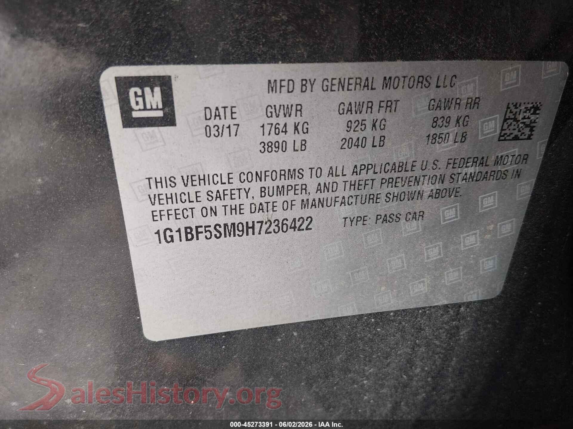 2017 CHEVROLET CRUZE VIN 1G1BF5SM9H7236422, engine bay