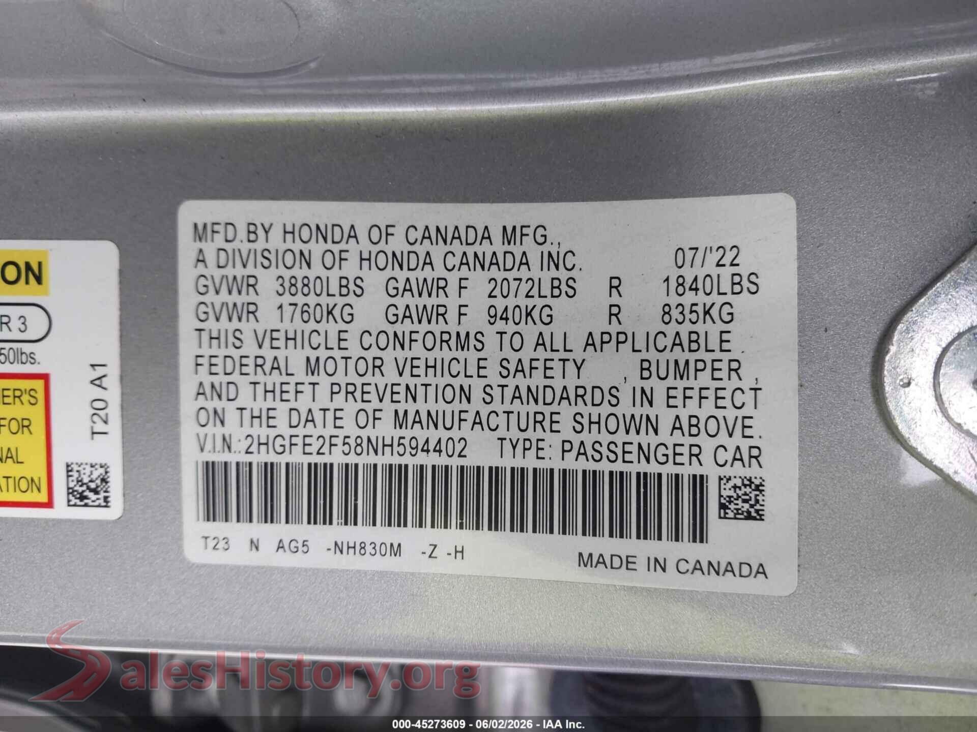 2022 HONDA CIVIC VIN 2HGFE2F58NH594402, engine bay