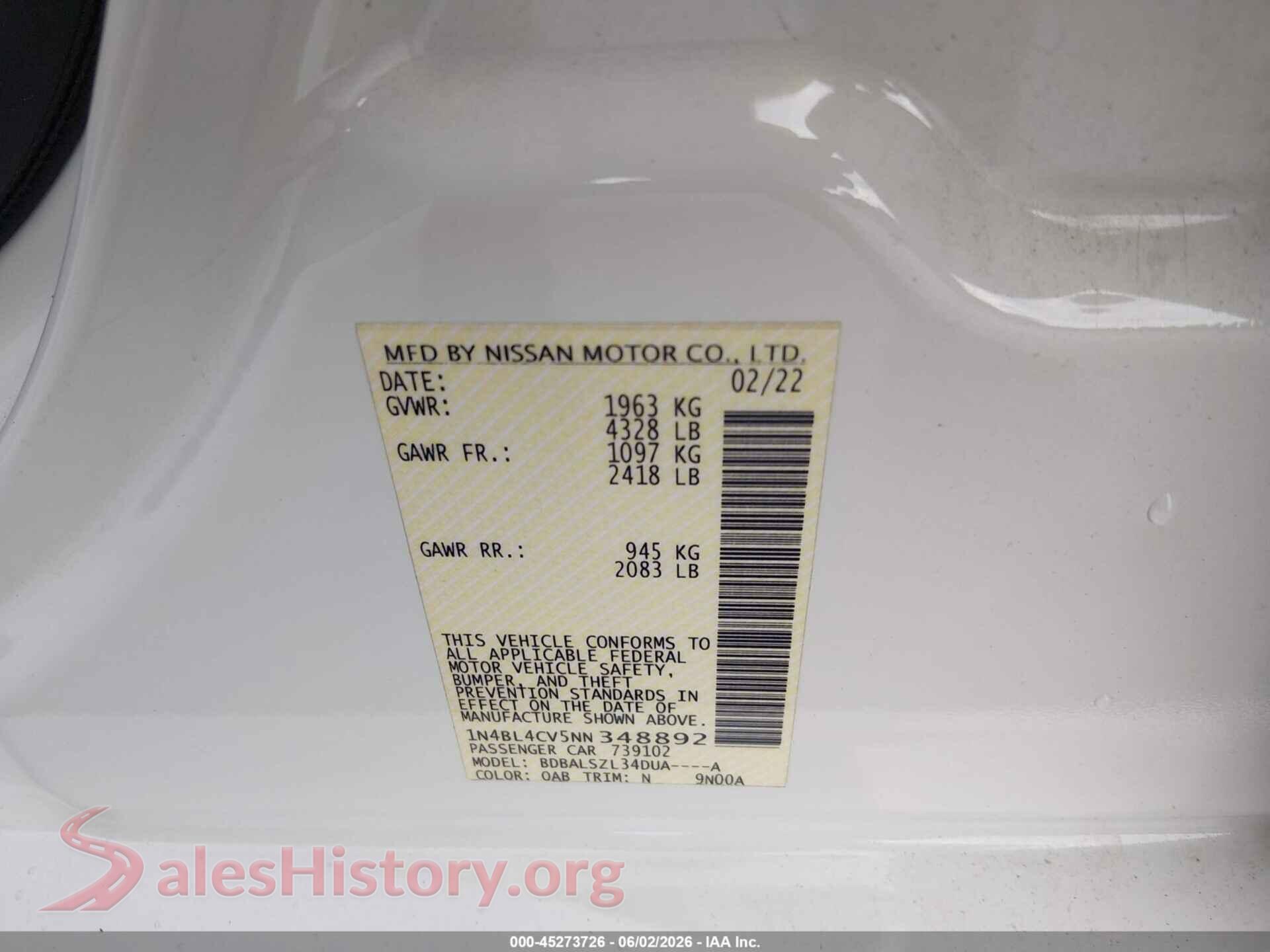 2022 NISSAN ALTIMA VIN 1N4BL4CV5NN348892, engine bay
