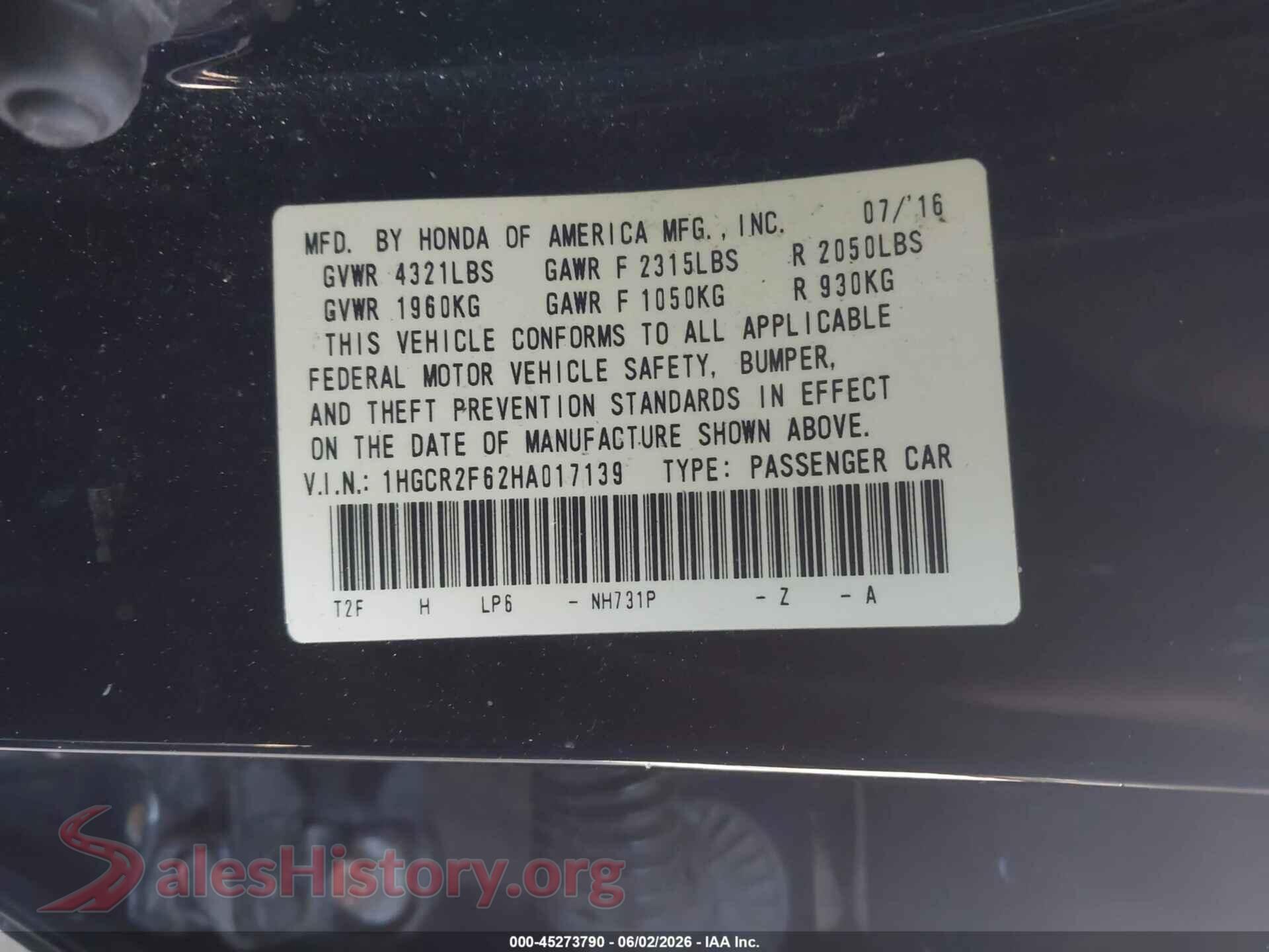 2017 HONDA ACCORD VIN 1HGCR2F62HA017139, engine bay