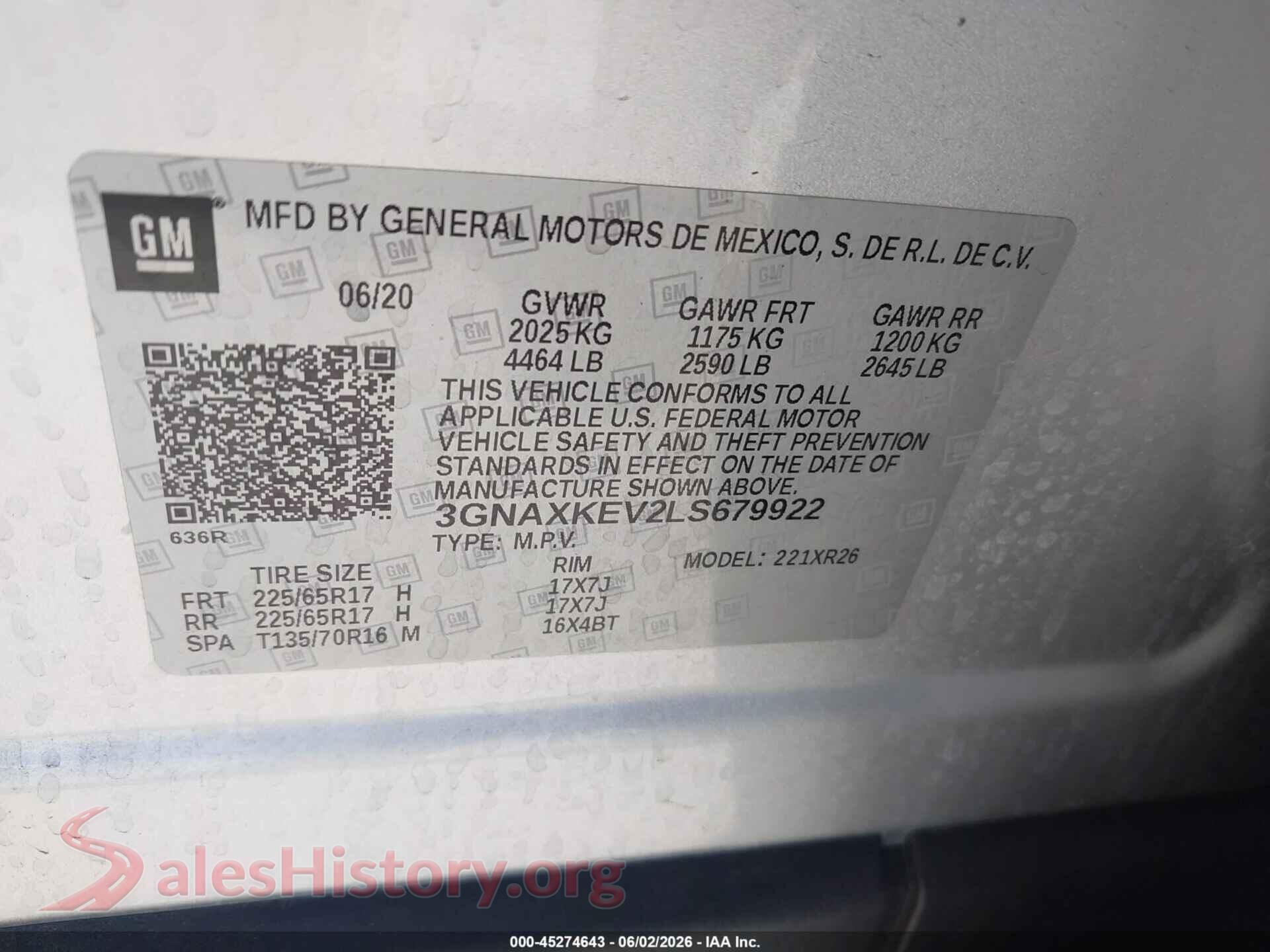 2020 CHEVROLET EQUINOX VIN 3GNAXKEV2LS679922, engine bay