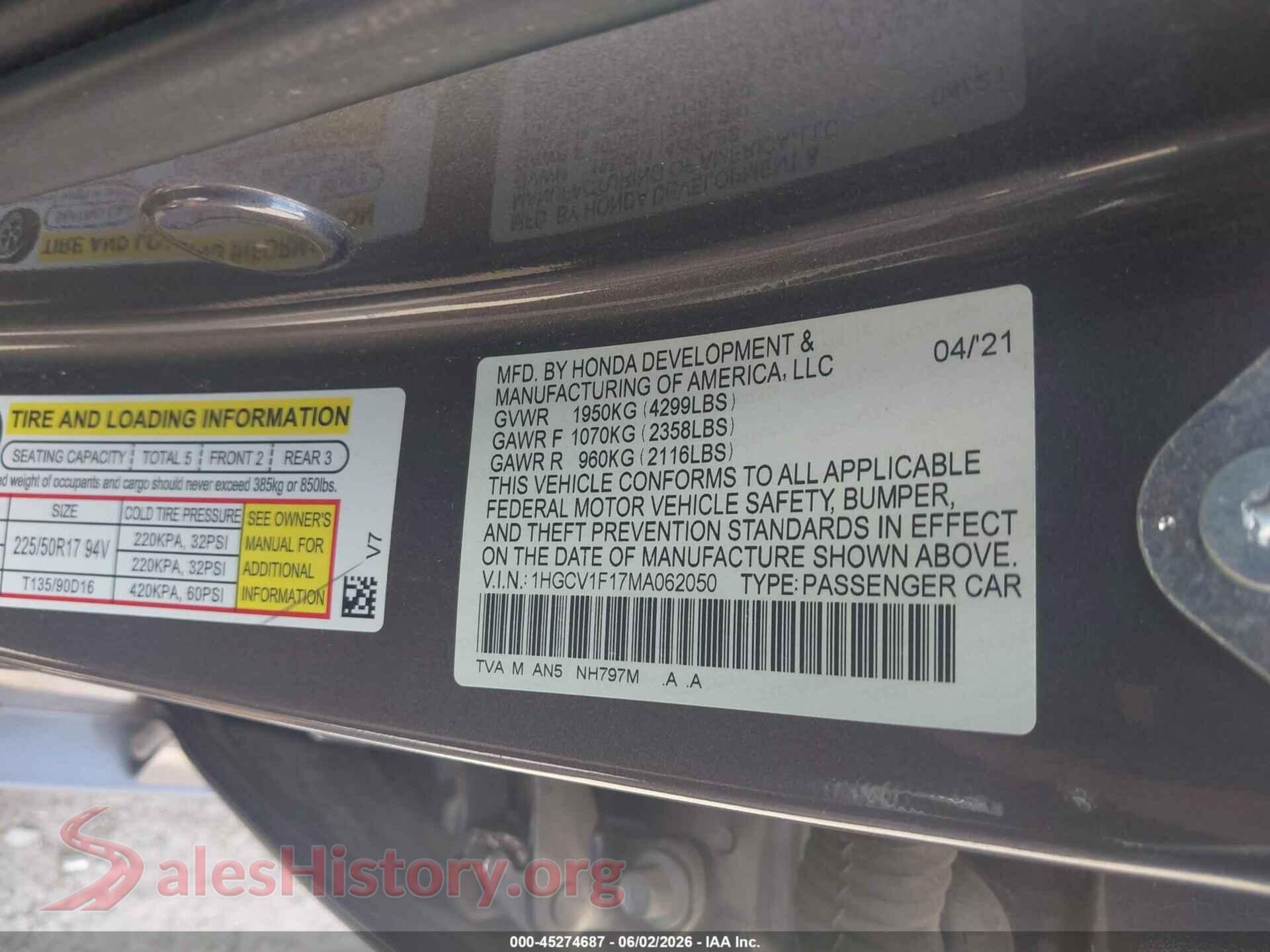 2021 HONDA ACCORD VIN 1HGCV1F17MA062050, engine bay