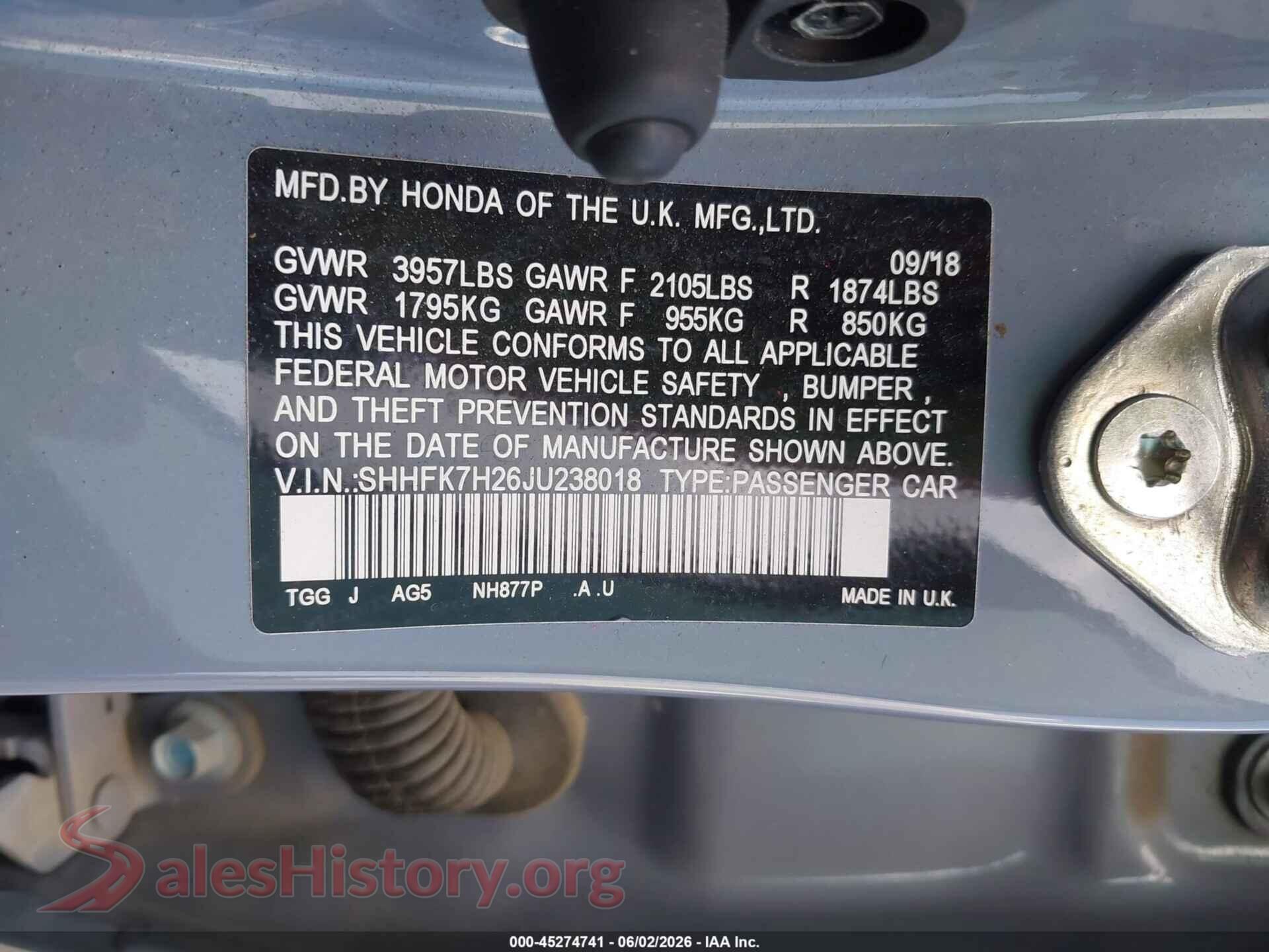 2018 HONDA CIVIC VIN SHHFK7H26JU238018, engine bay