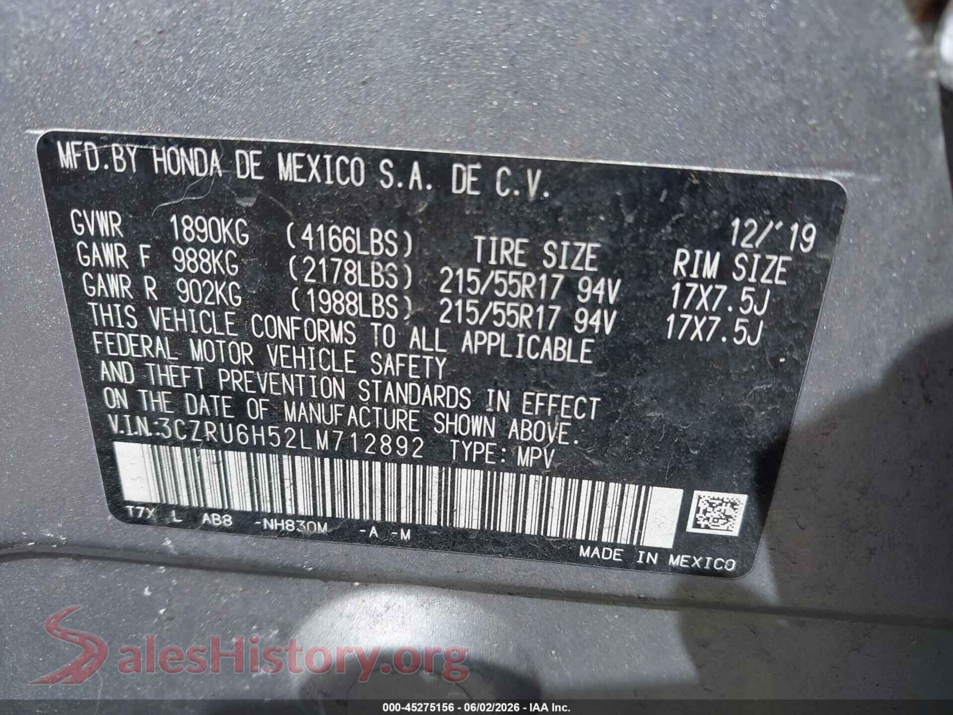 2020 HONDA HR-V VIN 3CZRU6H52LM712892, engine bay