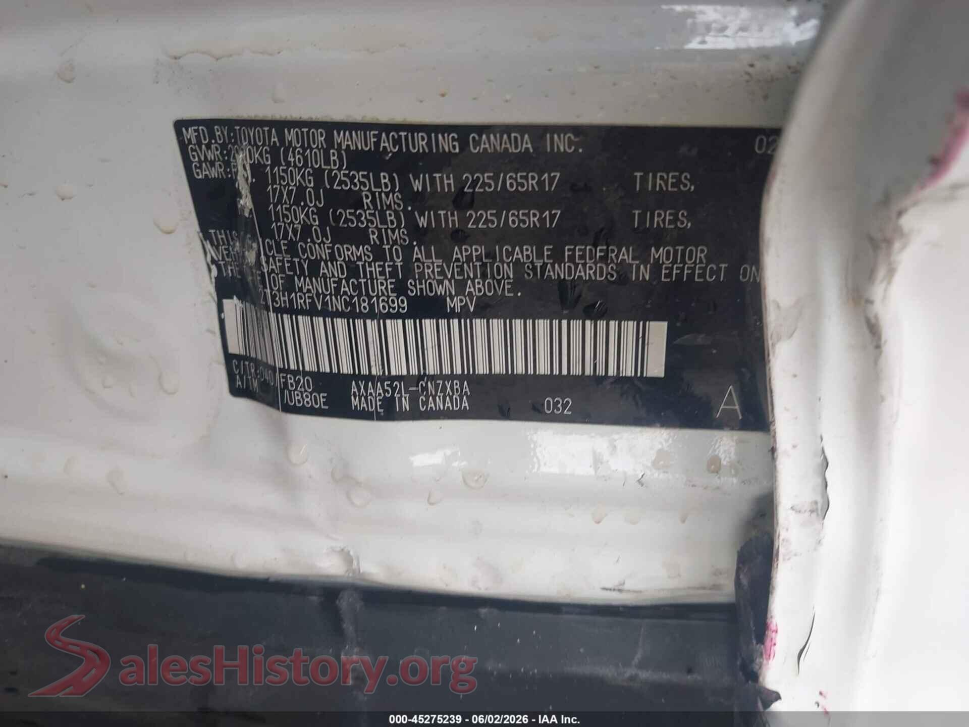 2022 TOYOTA RAV4 VIN 2T3H1RFV1NC181699, engine bay