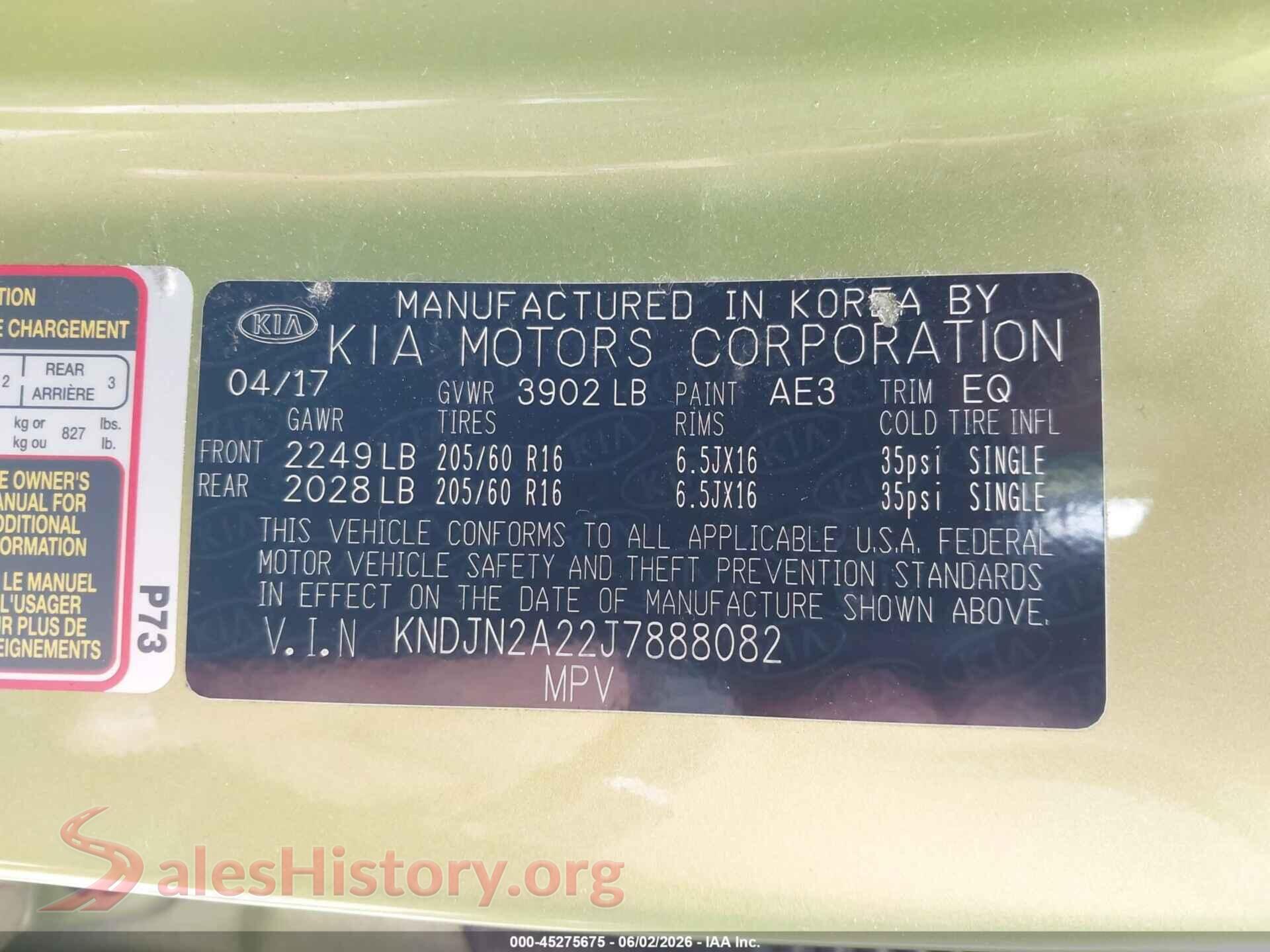 2018 KIA SOUL VIN KNDJN2A22J7888082, engine bay