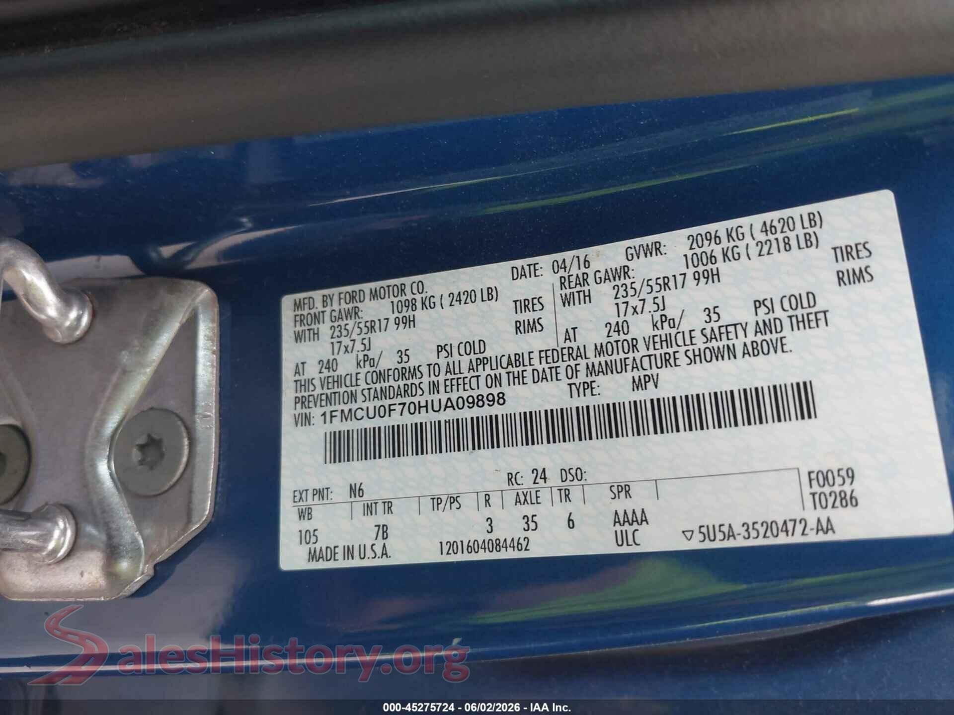 2017 FORD ESCAPE VIN 1FMCU0F70HUA09898, engine bay