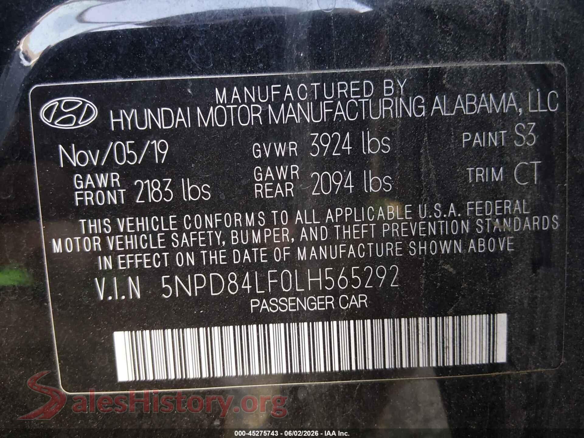 2020 HYUNDAI ELANTRA VIN 5NPD84LF0LH565292, engine bay