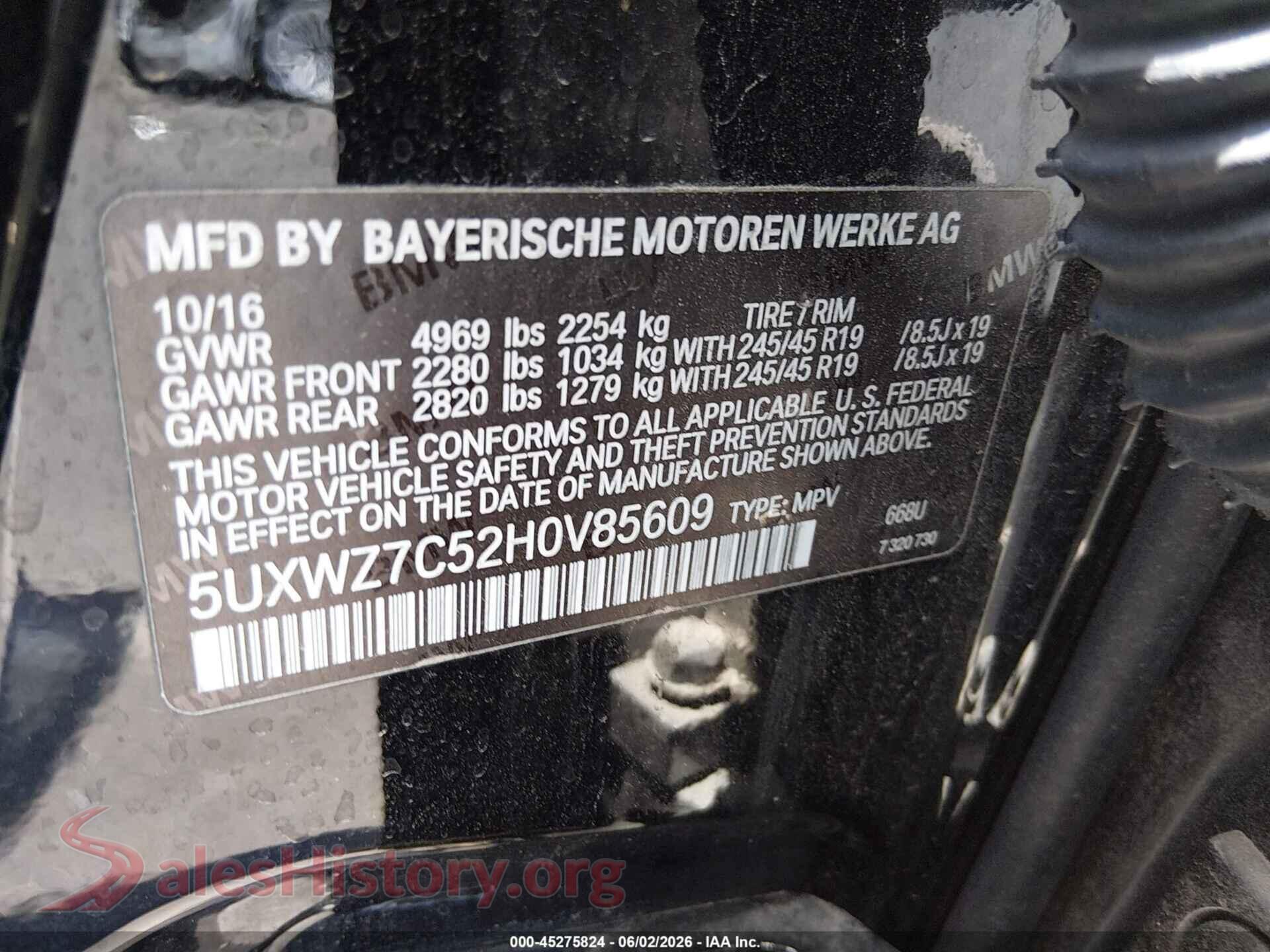 2017 BMW X3 VIN 5UXWZ7C52H0V85609, engine bay