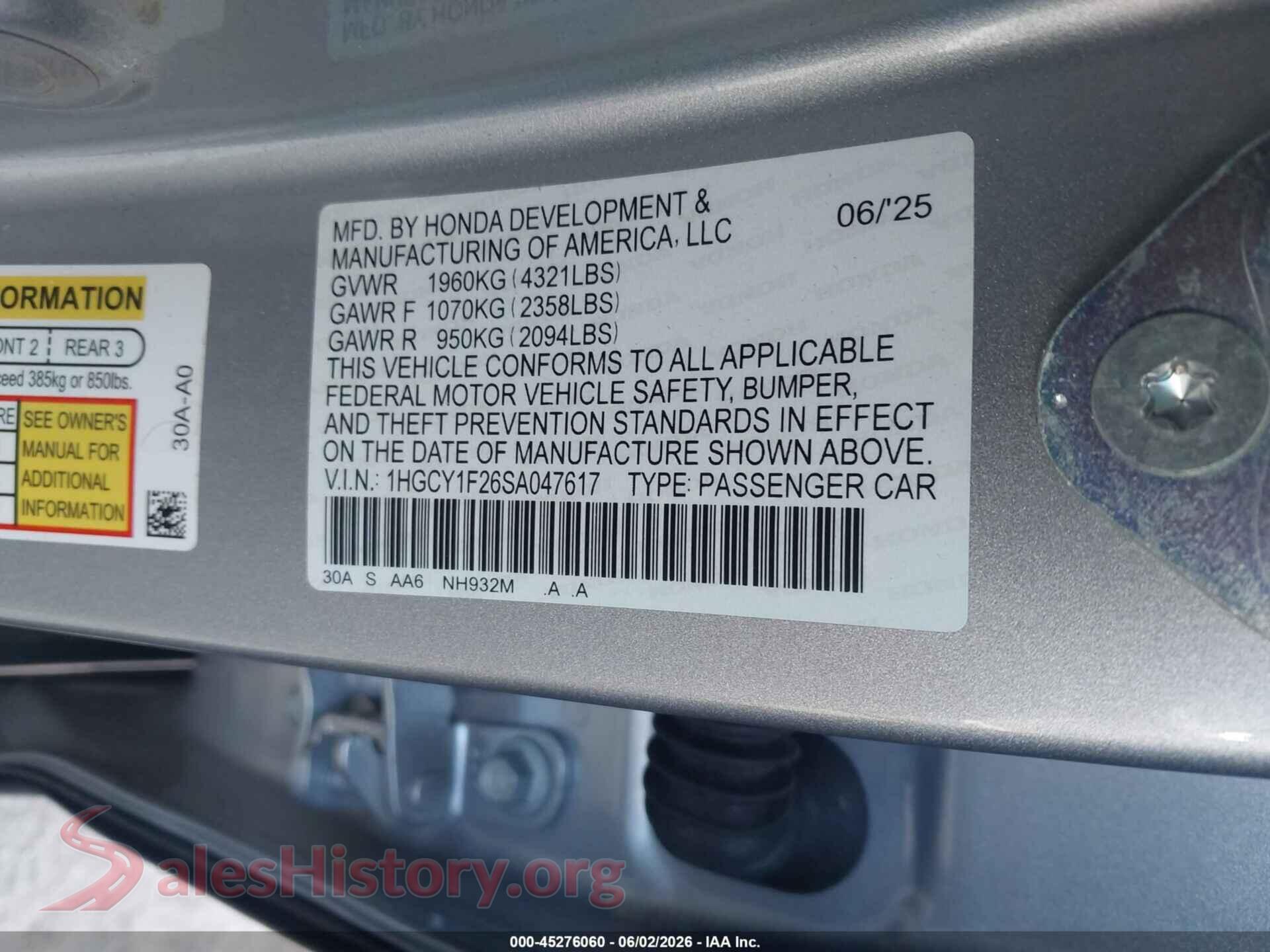 2025 HONDA ACCORD VIN 1HGCY1F26SA047617, engine bay