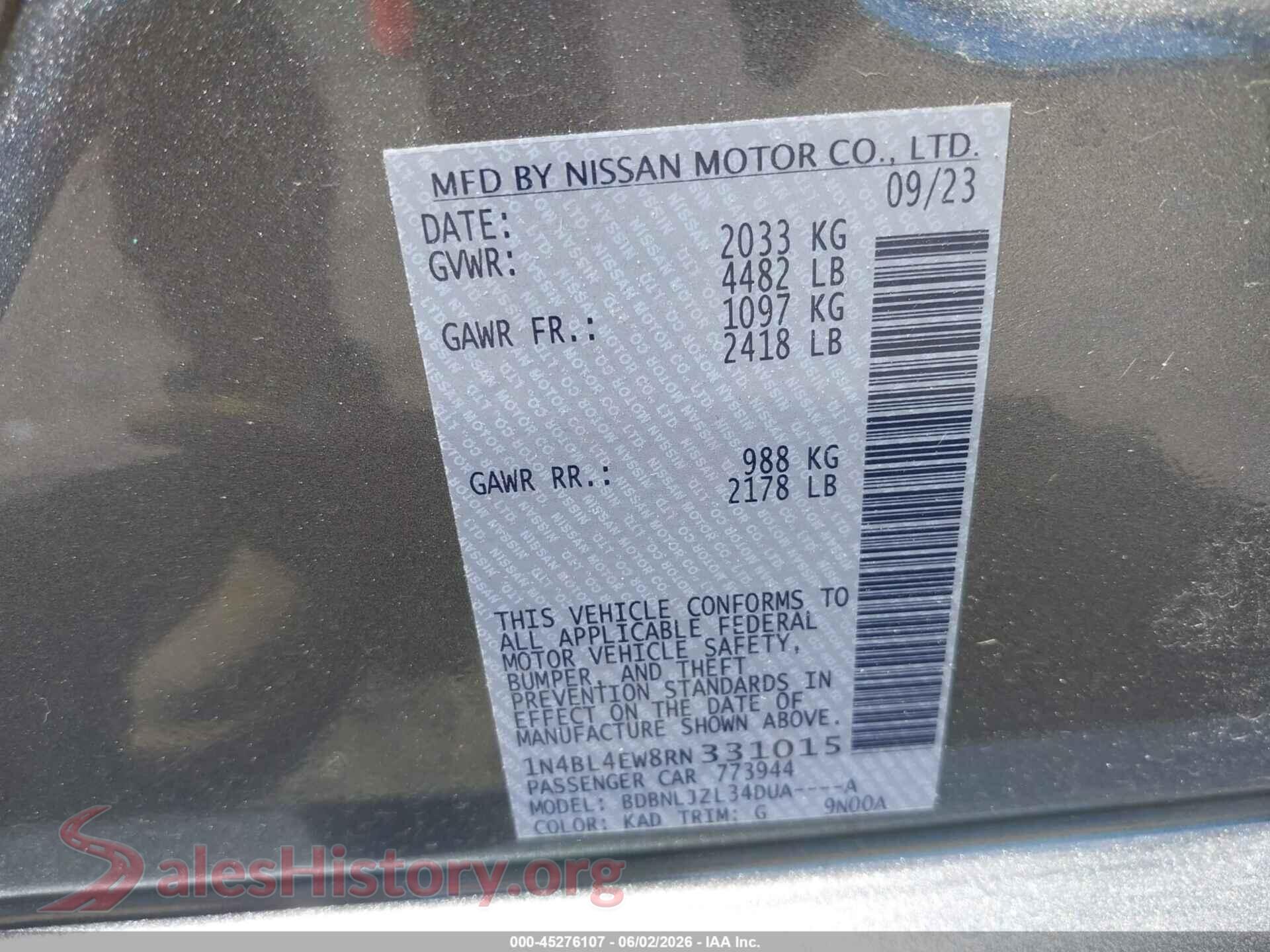 2024 NISSAN ALTIMA VIN 1N4BL4EW8RN331015, engine bay