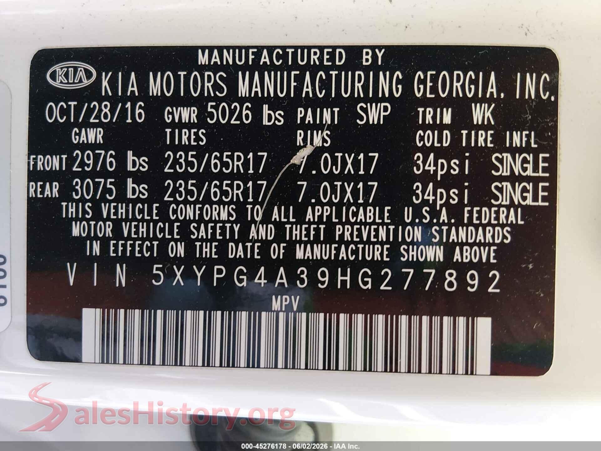 2017 KIA SORENTO VIN 5XYPG4A39HG277892, engine bay