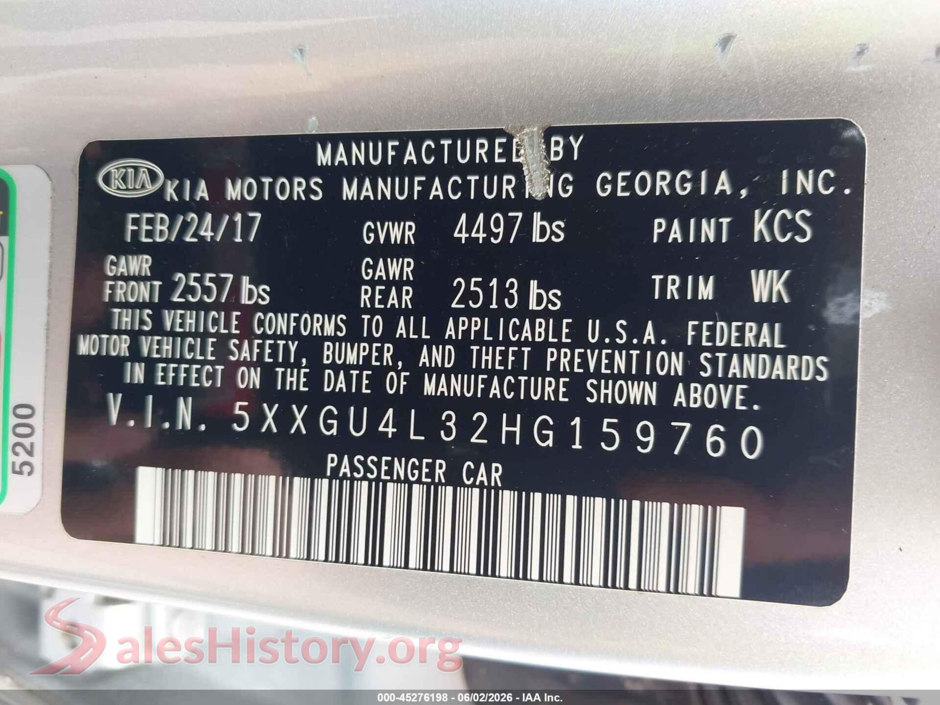 2017 KIA OPTIMA VIN 5XXGU4L32HG159760, engine bay