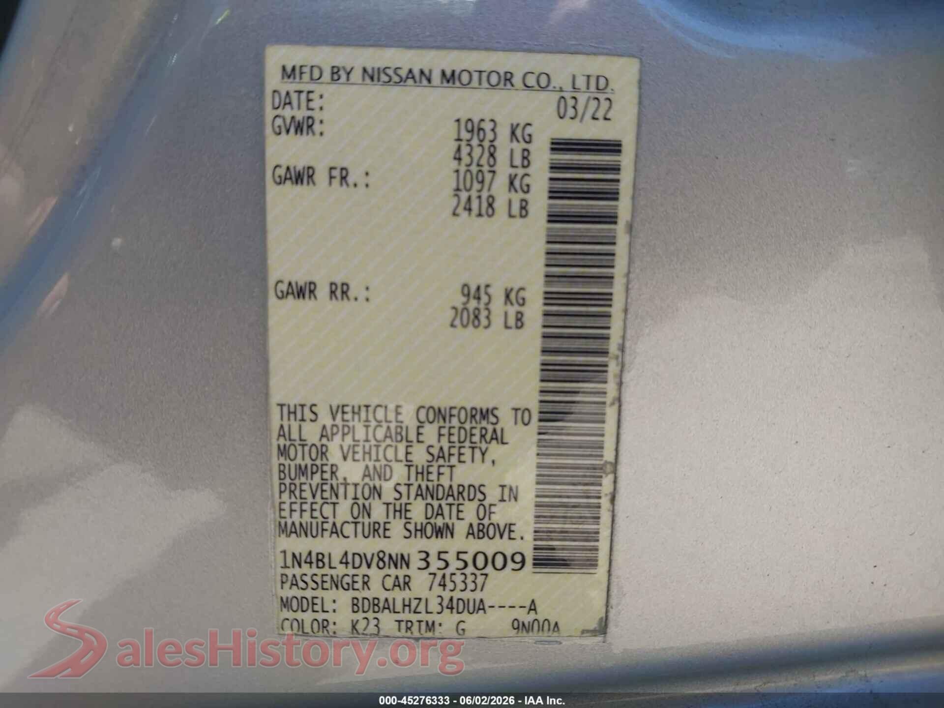 2022 NISSAN ALTIMA VIN 1N4BL4DV8NN355009, engine bay