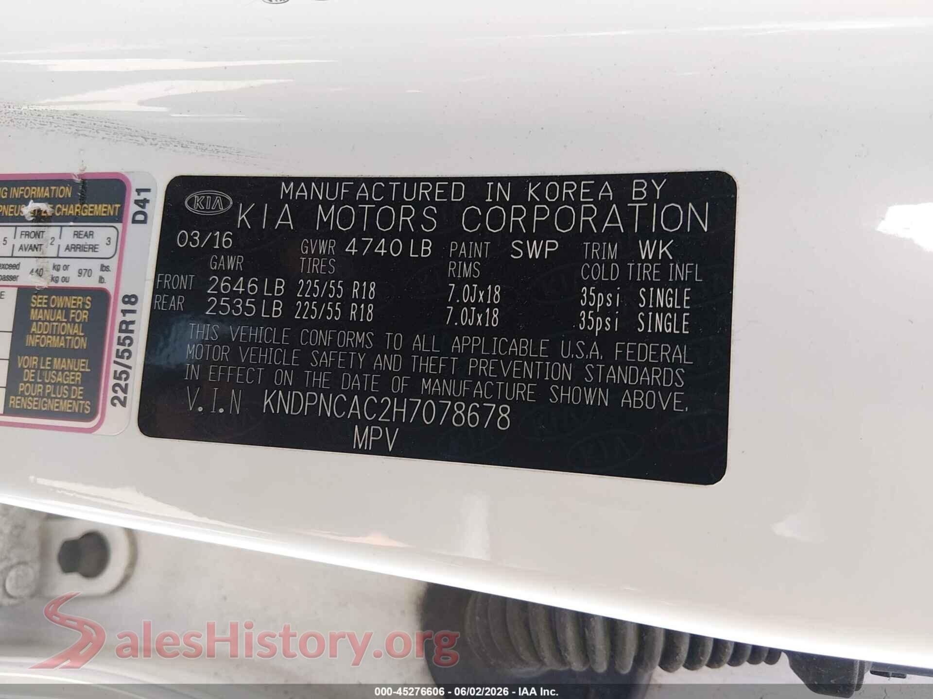 2017 KIA SPORTAGE VIN KNDPNCAC2H7078678, engine bay