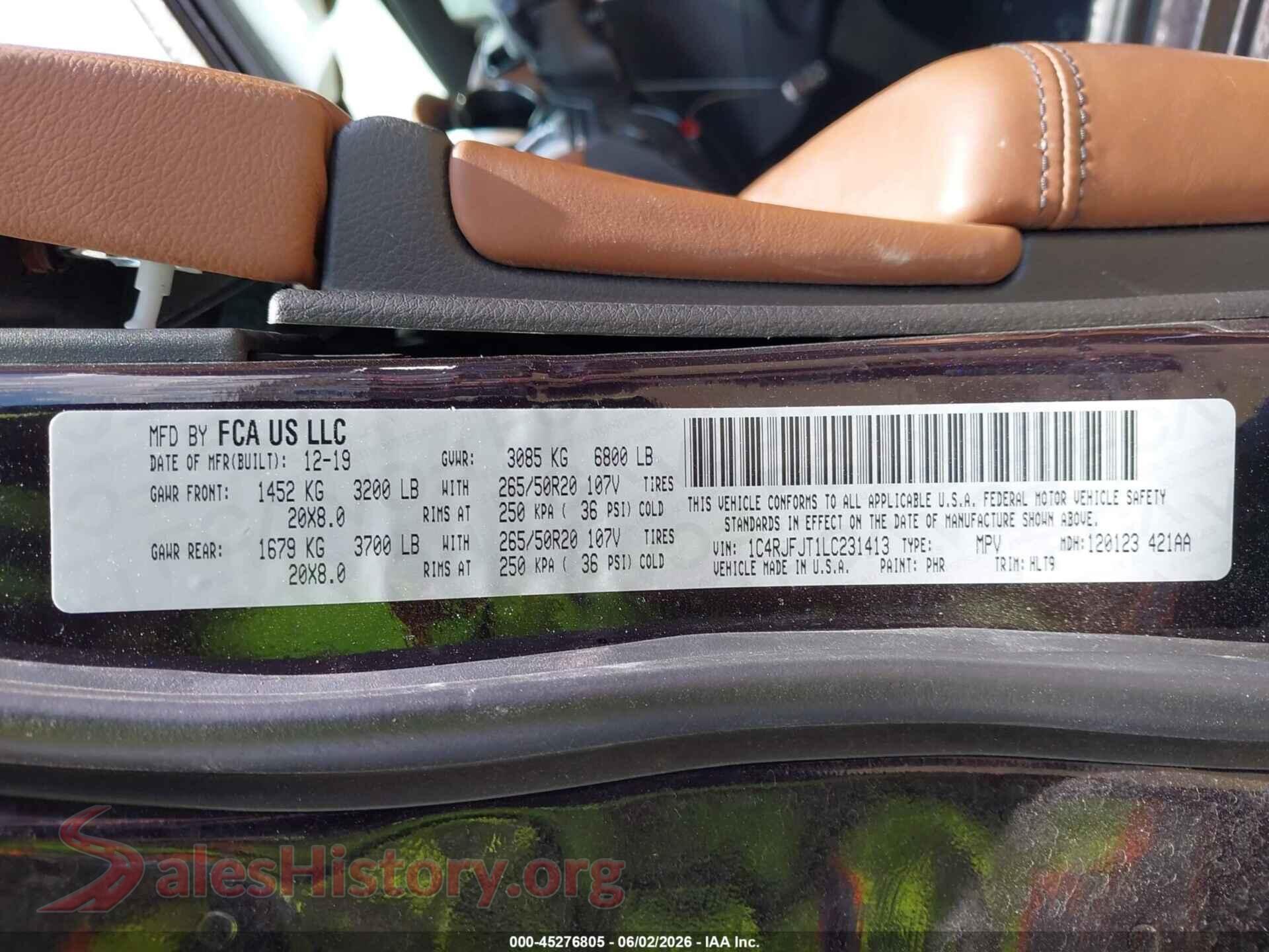 2020 JEEP GRAND CHEROKEE VIN 1C4RJFJT1LC231413, engine bay