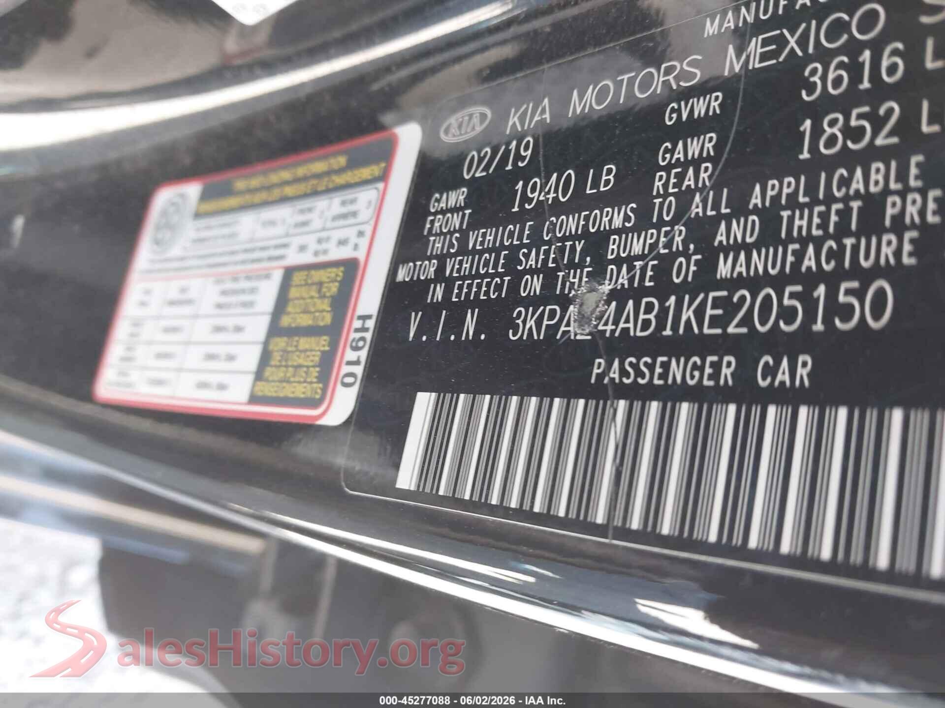 2019 KIA RIO VIN 3KPA24AB1KE205150, engine bay