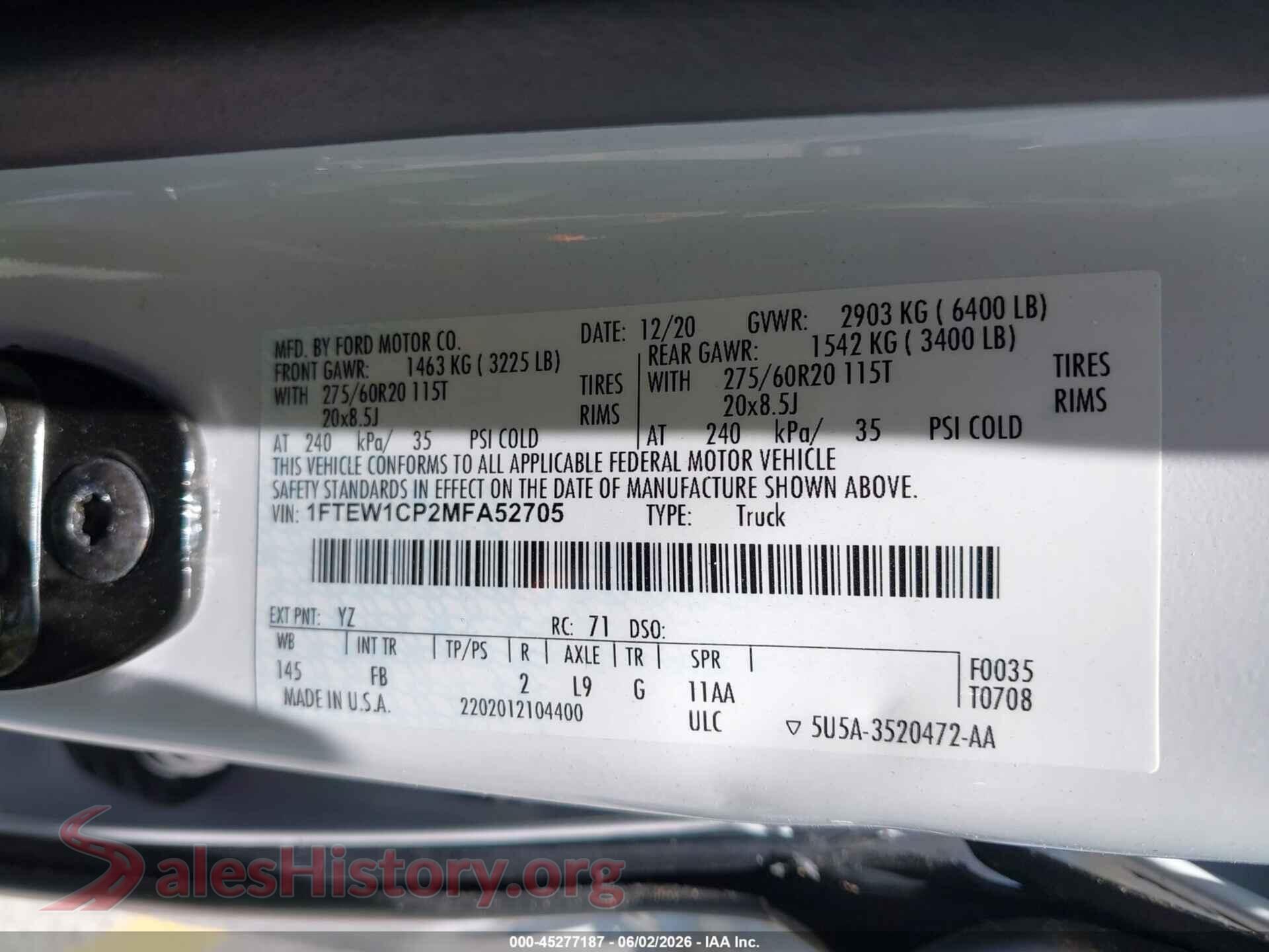 2021 FORD F-150 VIN 1FTEW1CP2MFA52705, engine bay