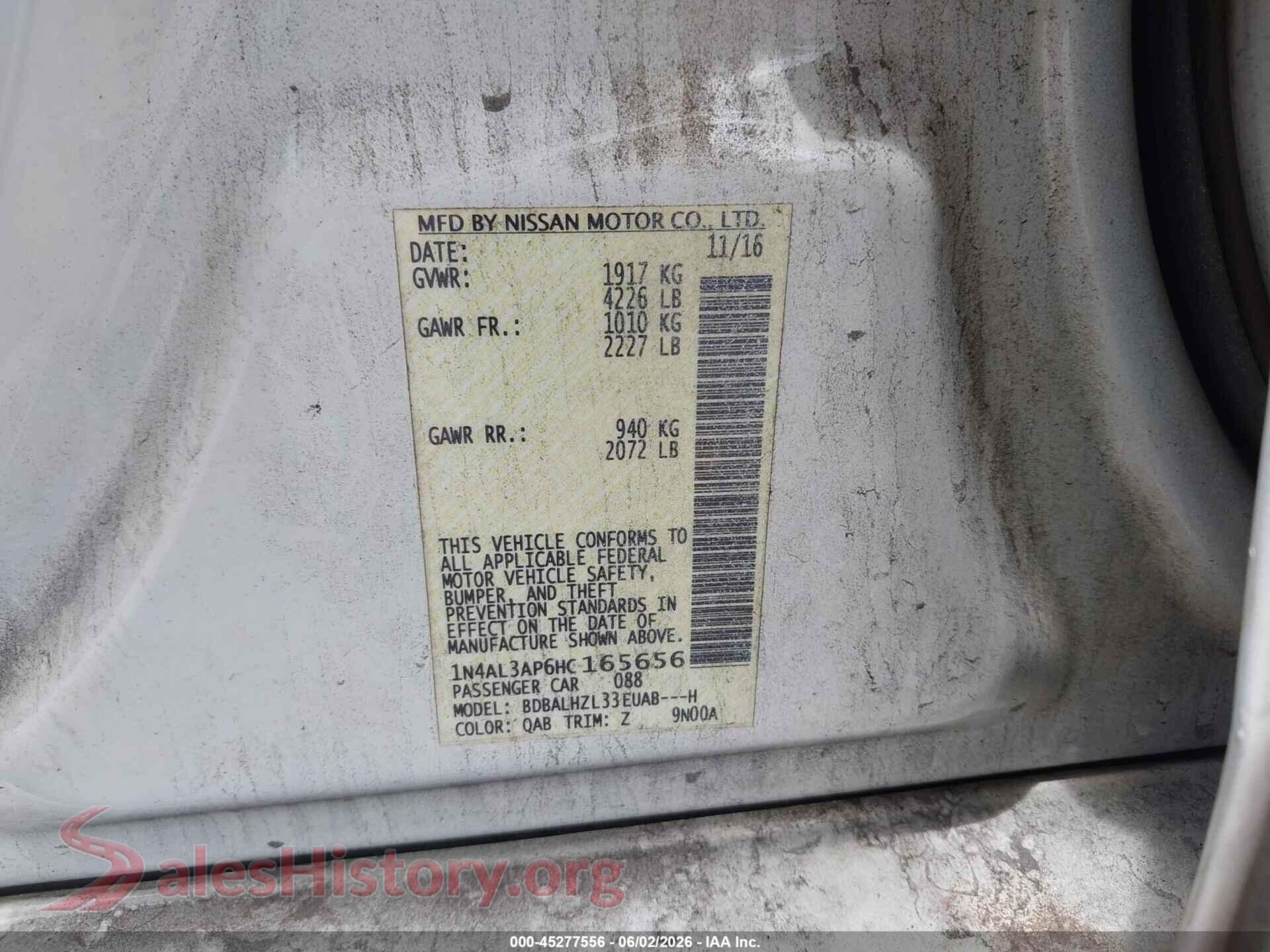 2017 NISSAN ALTIMA VIN 1N4AL3AP6HC165656, engine bay