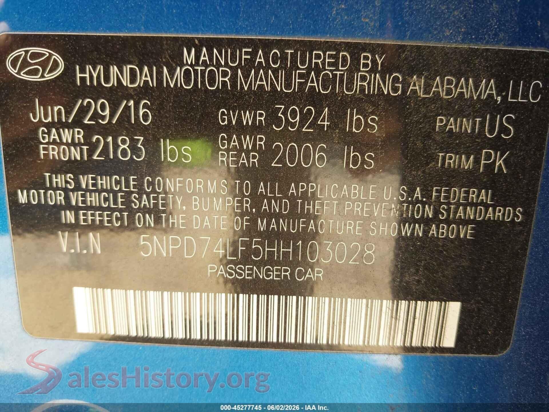 2017 HYUNDAI ELANTRA VIN 5NPD74LF5HH103028, engine bay
