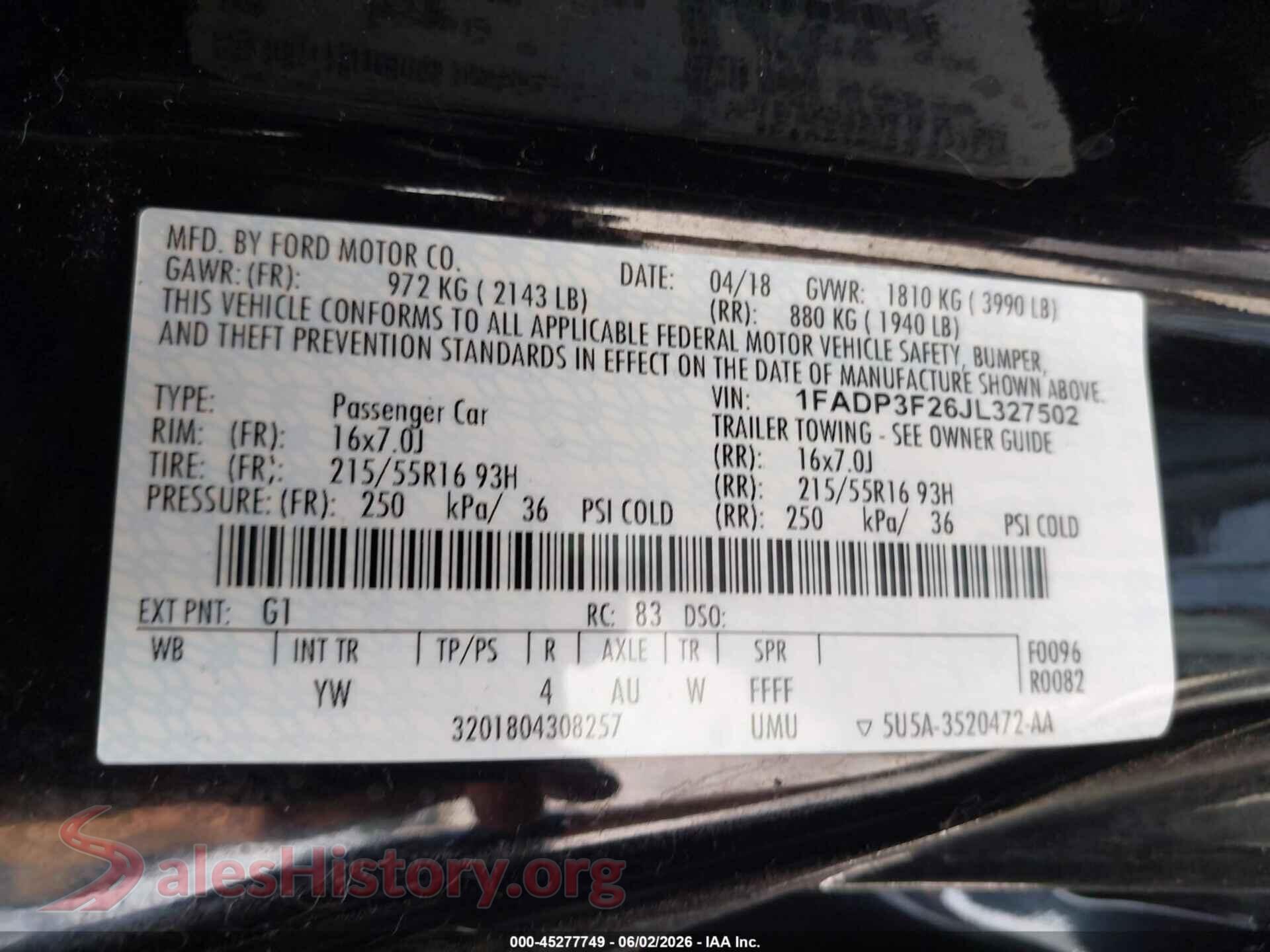 2018 FORD FOCUS VIN 1FADP3F26JL327502, engine bay