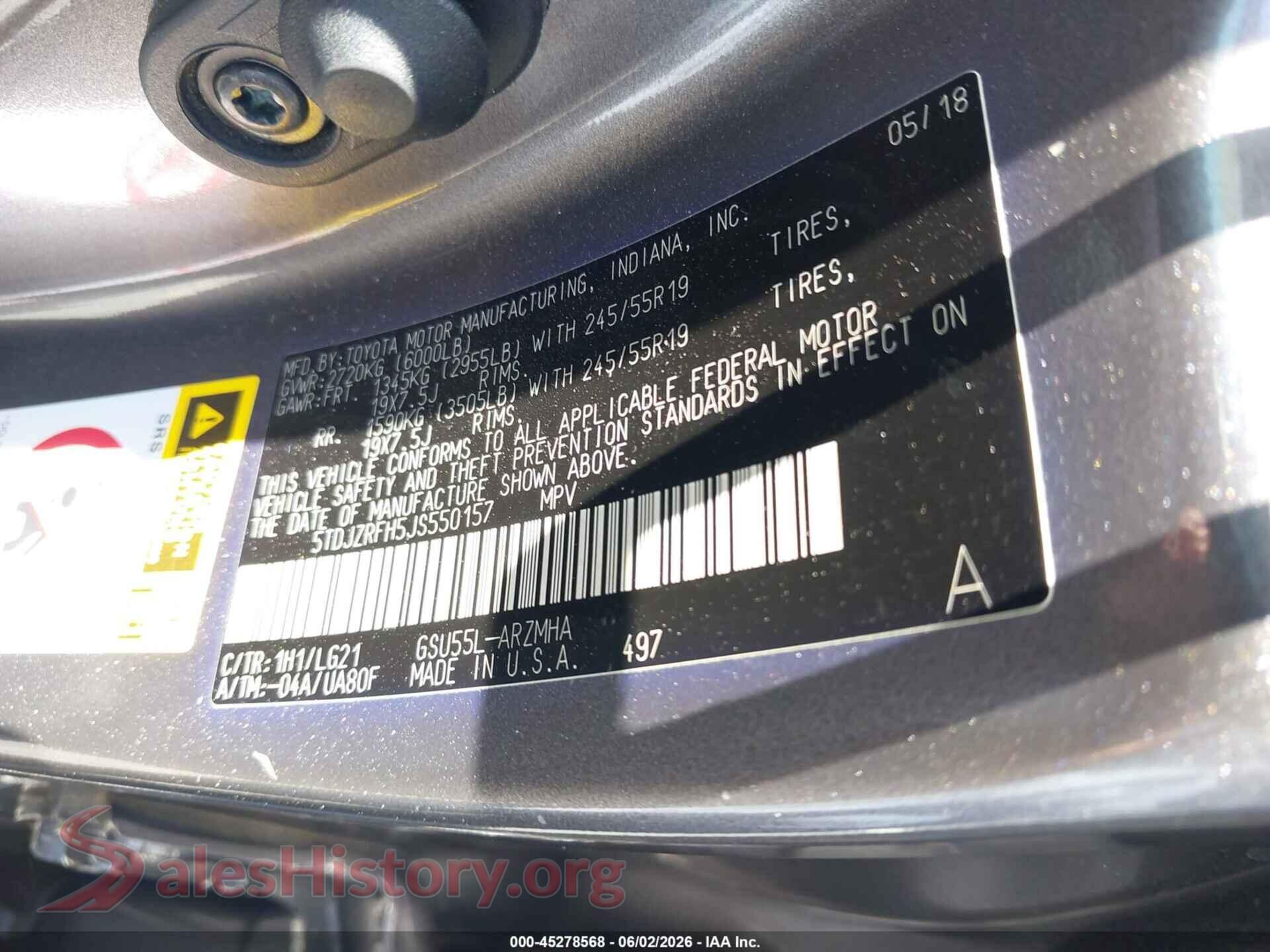 2018 TOYOTA HIGHLANDER VIN 5TDJZRFH5JS550157, engine bay