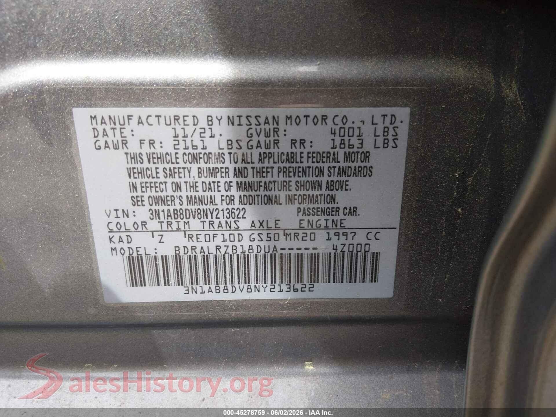 2022 NISSAN SENTRA VIN 3N1AB8DV8NY213622, engine bay