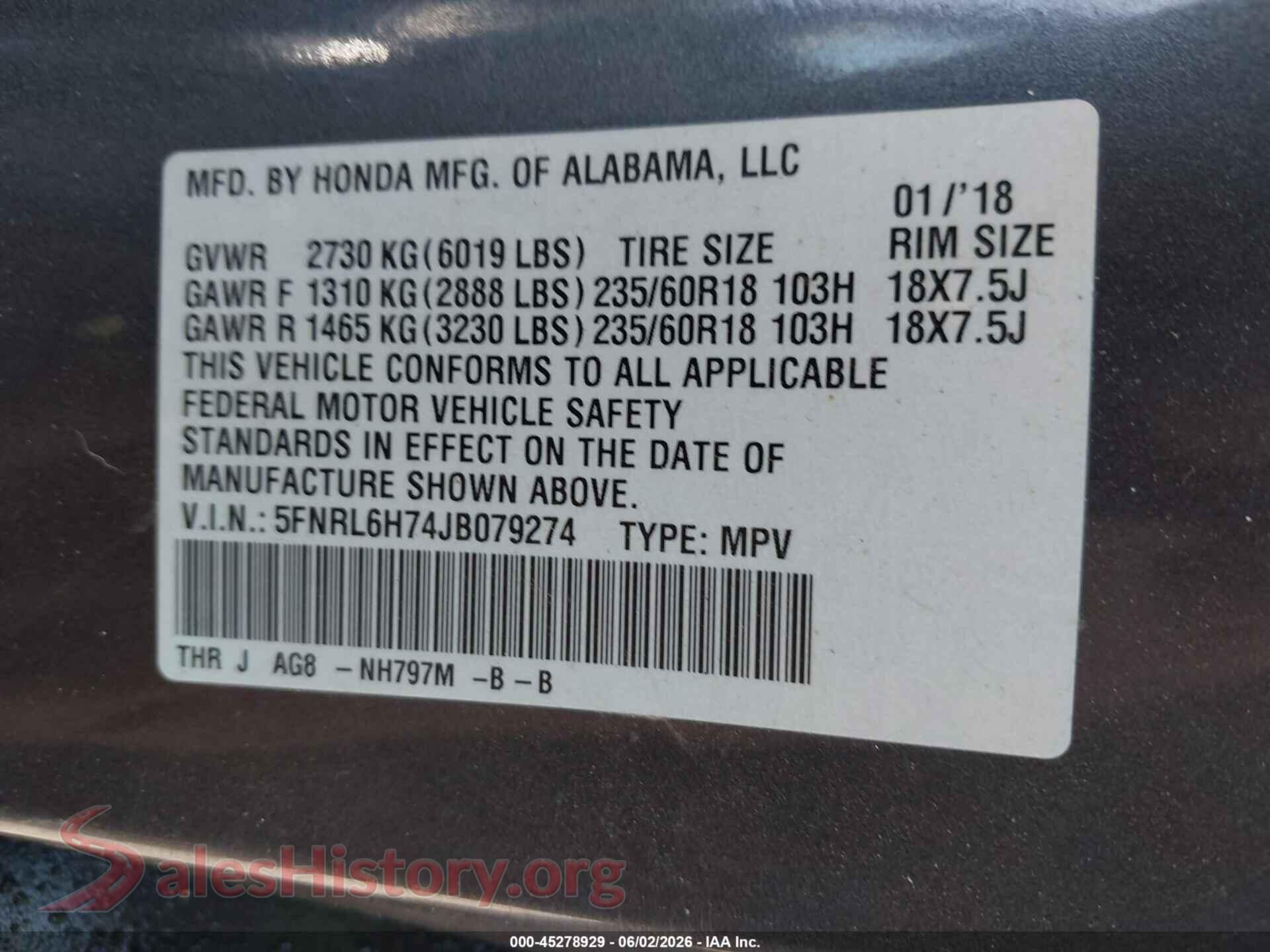 2018 HONDA ODYSSEY VIN 5FNRL6H74JB079274, engine bay