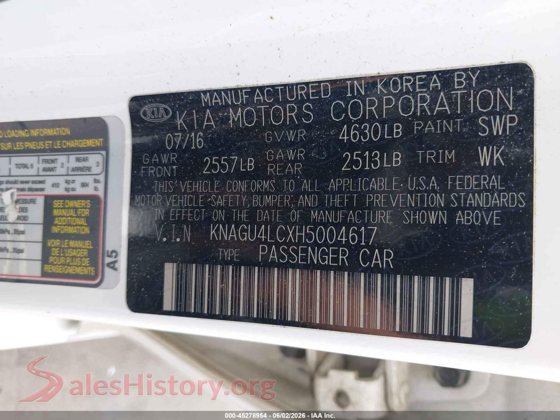 2017 KIA OPTIMA HYBRID VIN KNAGU4LCXH5004617, engine bay