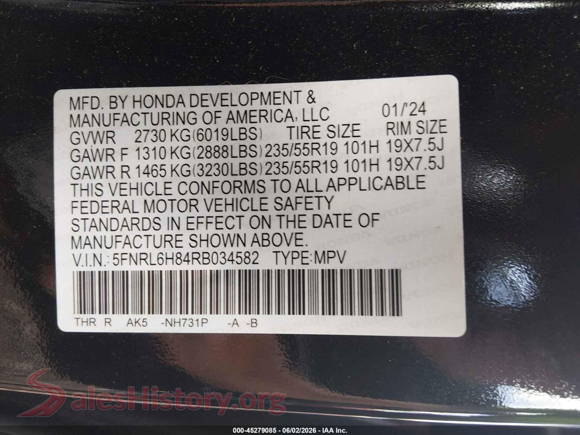 2024 HONDA ODYSSEY VIN 5FNRL6H84RB034582, engine bay