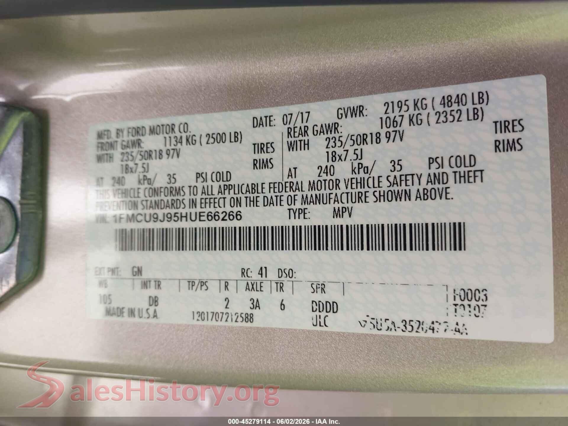2017 FORD ESCAPE VIN 1FMCU9J95HUE66266, engine bay