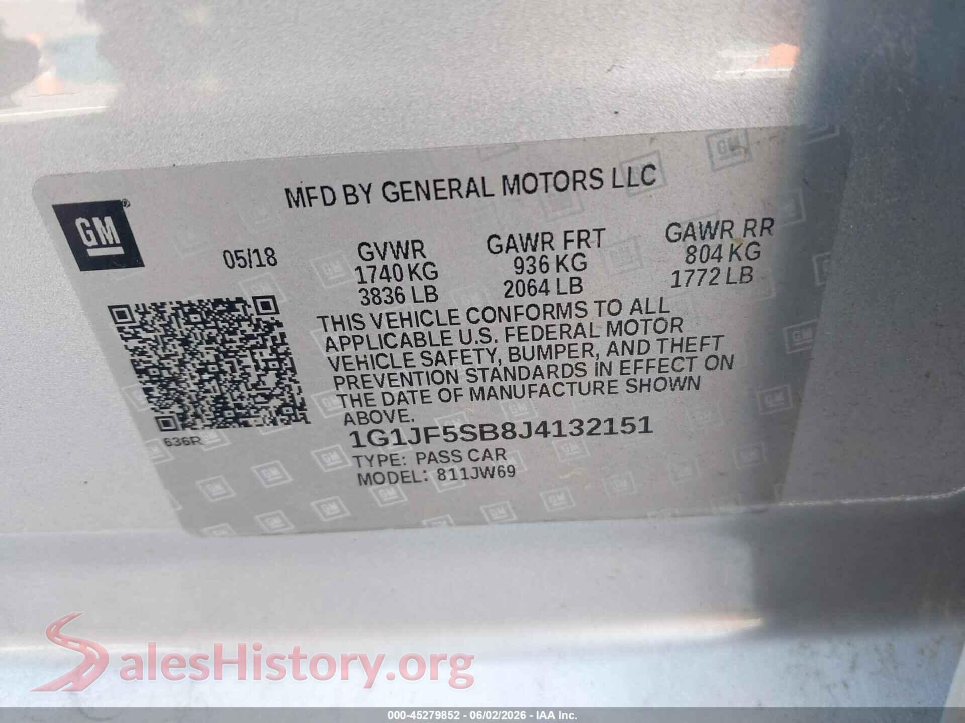 2018 CHEVROLET SONIC VIN 1G1JF5SB8J4132151, engine bay