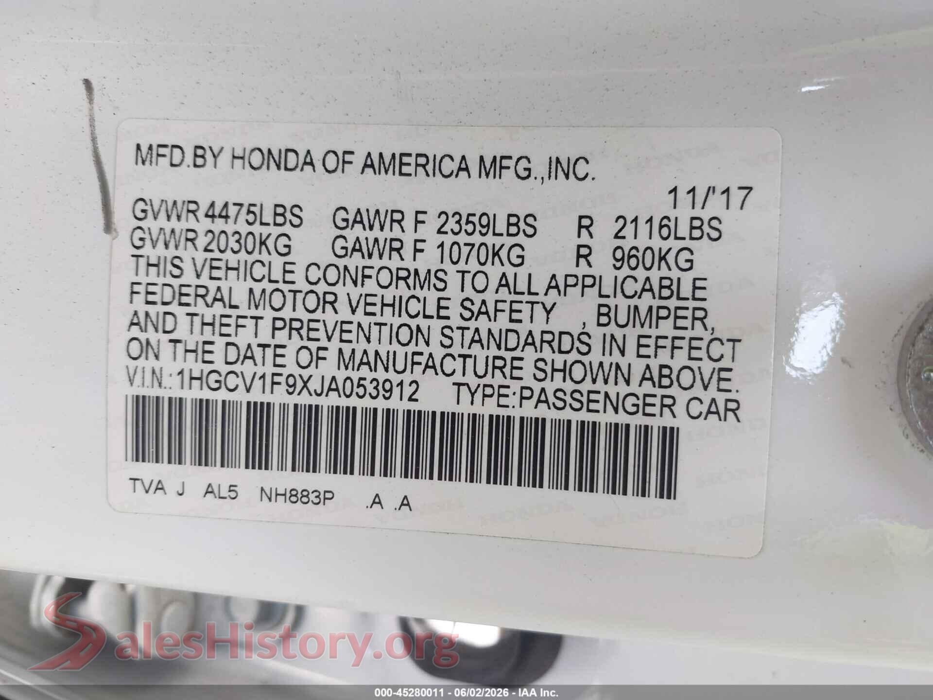 2018 HONDA ACCORD VIN 1HGCV1F9XJA053912, engine bay