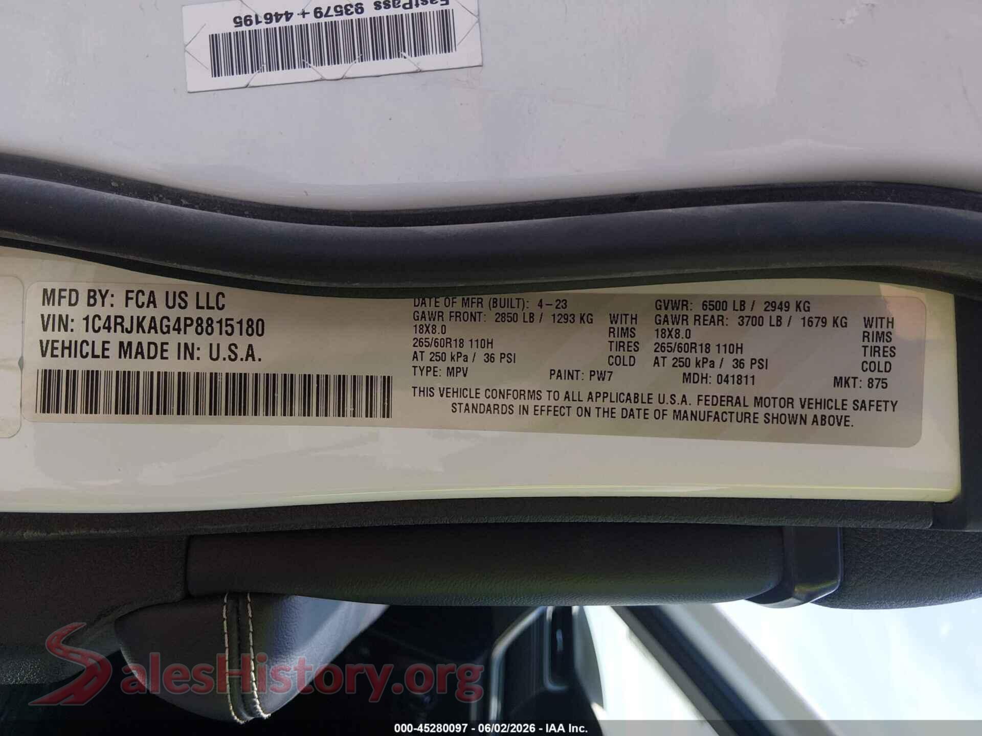 2023 JEEP GRAND CHEROKEE L VIN 1C4RJKAG4P8815180, engine bay