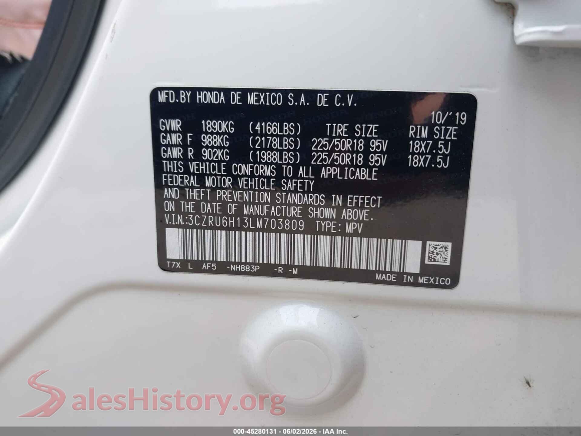 2020 HONDA HR-V VIN 3CZRU6H13LM703809, engine bay
