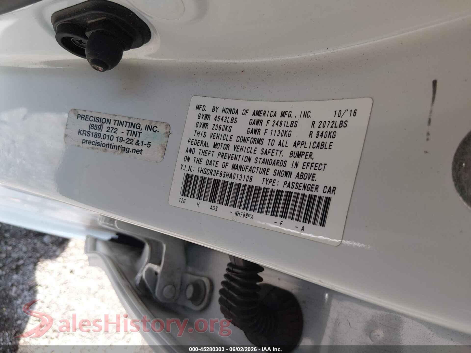 2017 HONDA ACCORD VIN 1HGCR3F85HA013108, engine bay